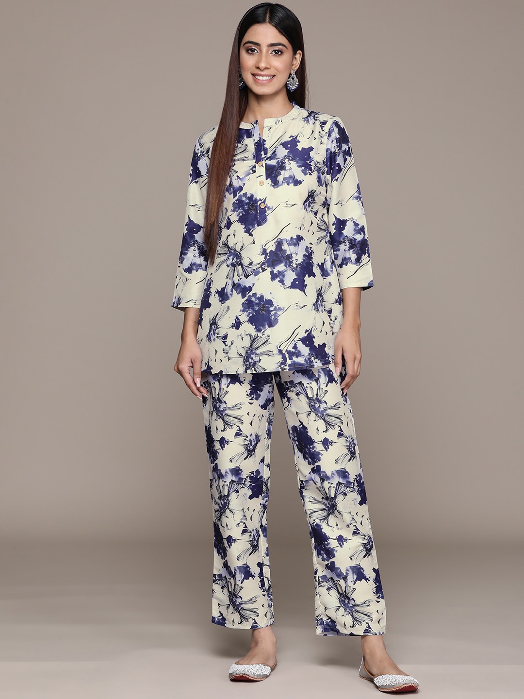 

KALINI Floral Printed Mandarin Collar A -Line Kurti with Trousers, White