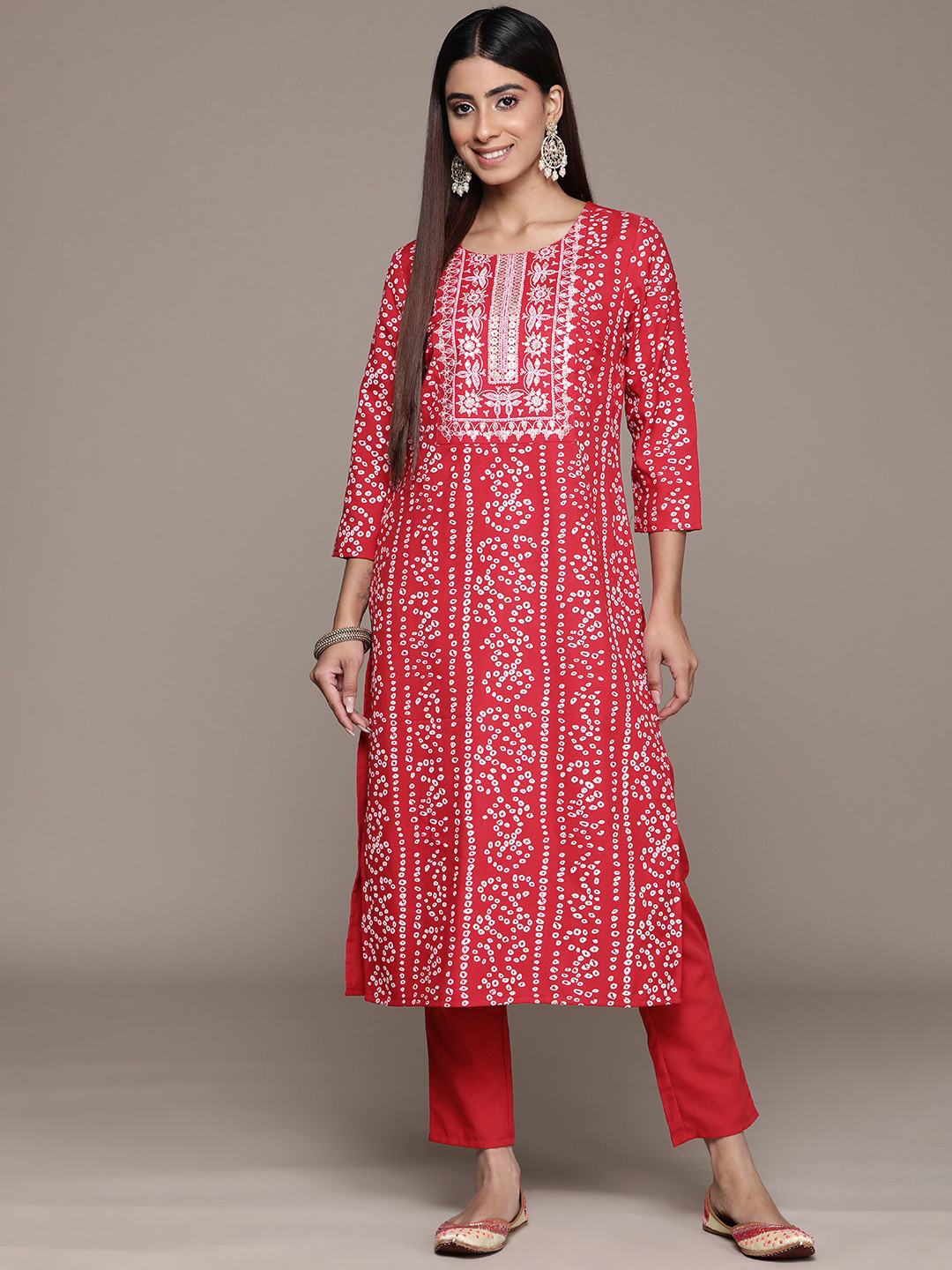 

KALINI Bandhani Printed Round Neck Three-Quarter Sleeves Kurta with Trousers, Red