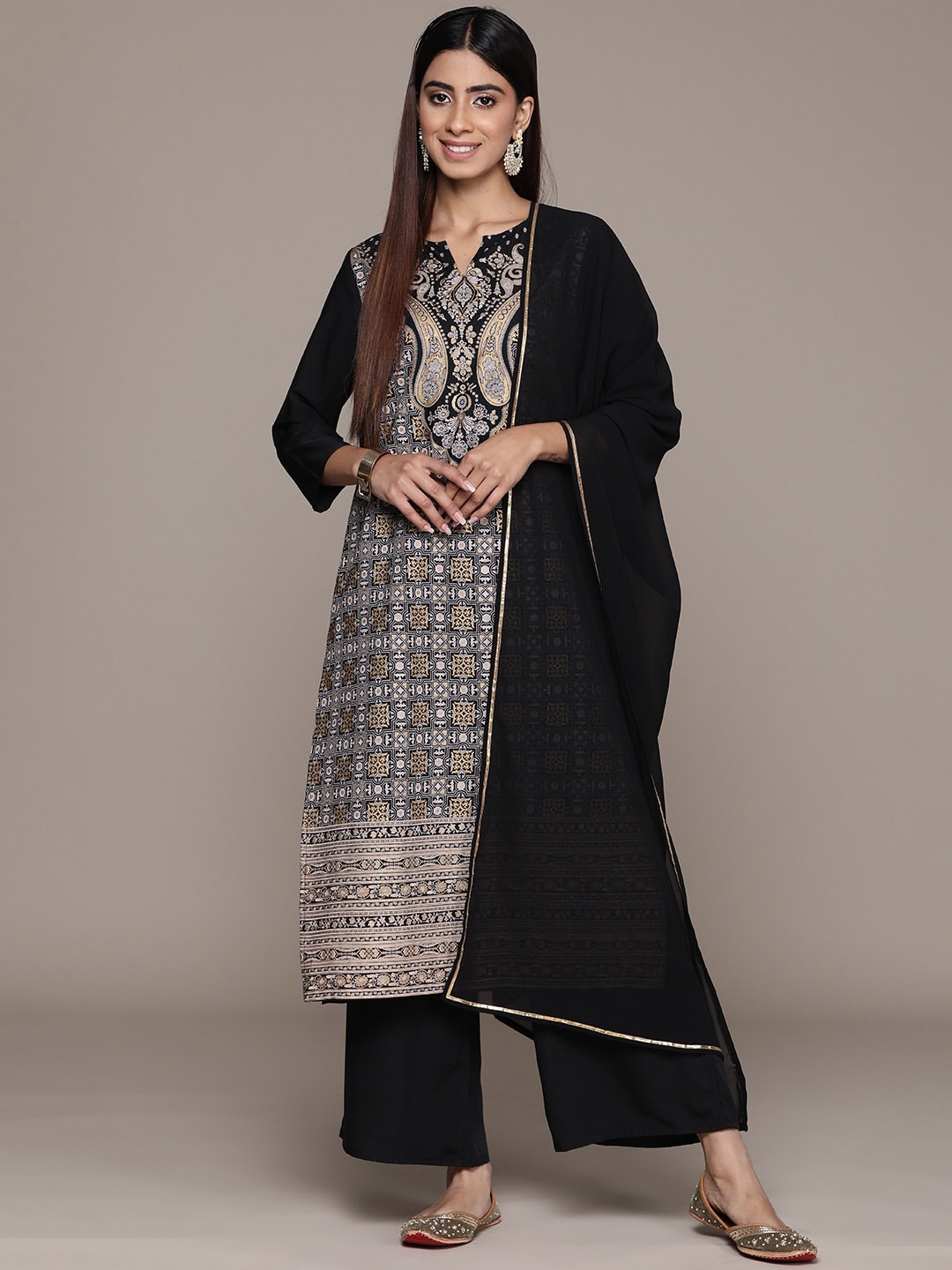 

KALINI Floral Printed Notch Neck Straight Kurta With Palazzos & Dupatta, Black