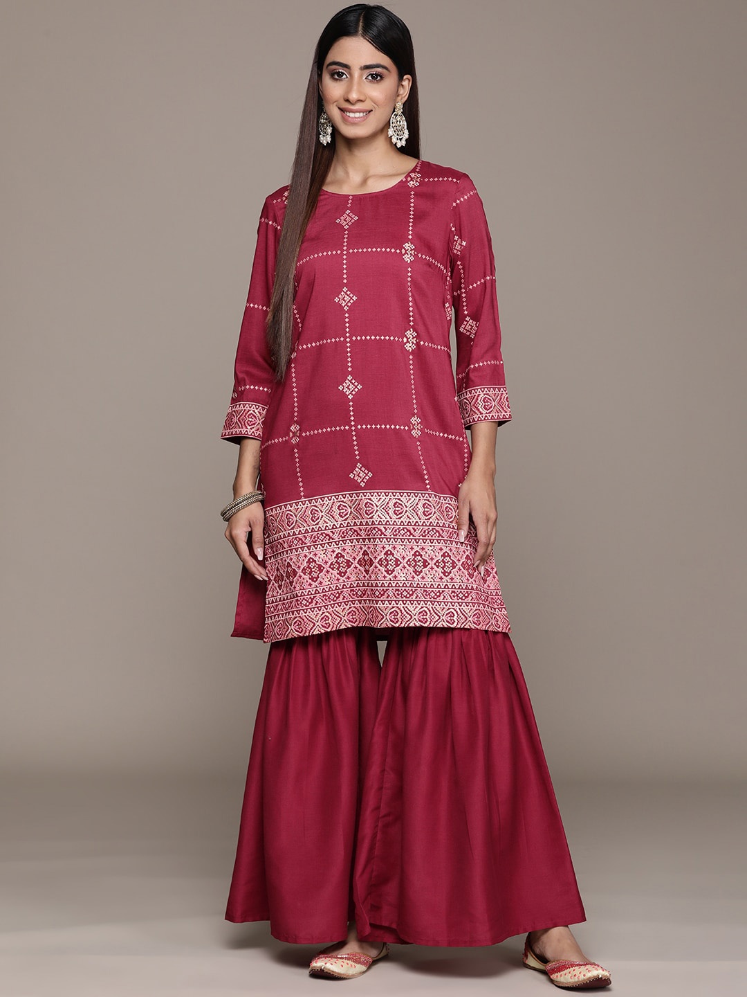 

KALINI Ethnic Motifs Printed Round Neck Three-Quarter Sleeves Kurta with Sharara, Maroon