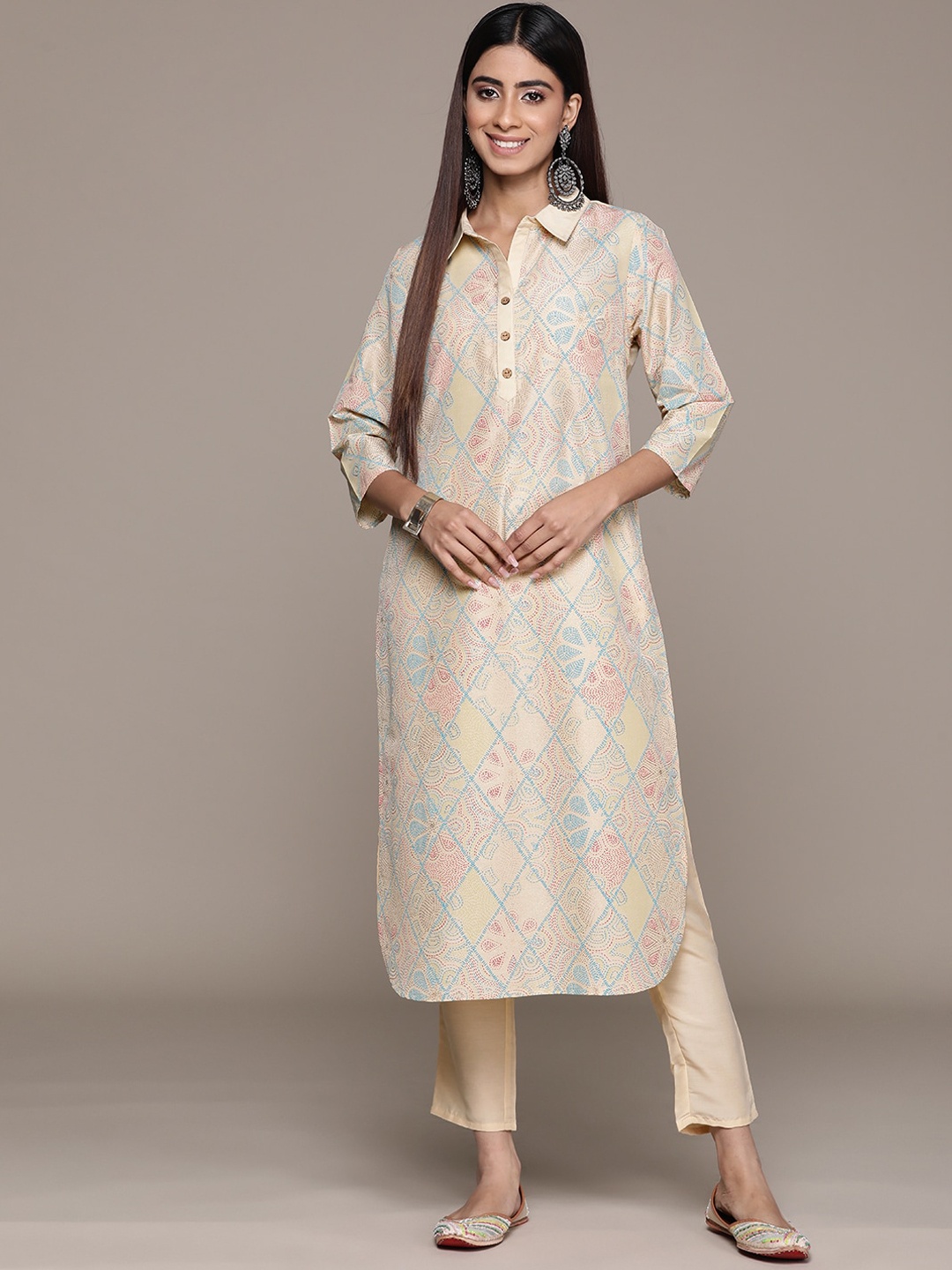 

KALINI Floral Printed Shirt Collar Straight Kurta with Trousers, Cream