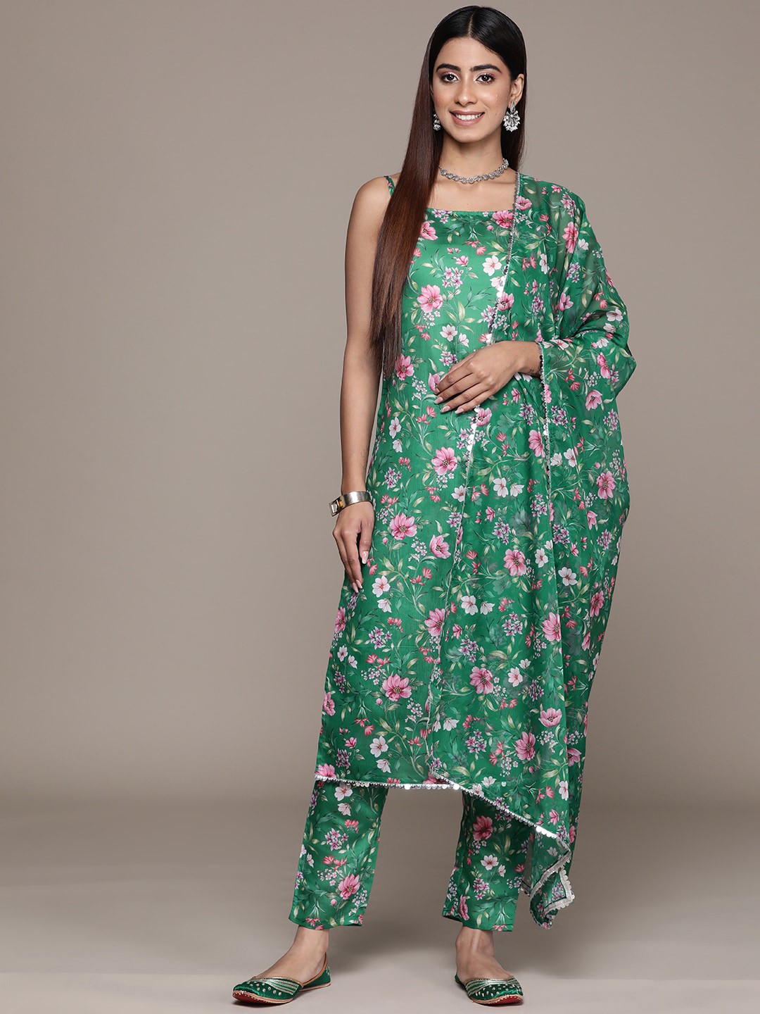 

KALINI Floral Printed Regular Straight Kurta With Trousers & Dupatta, Green