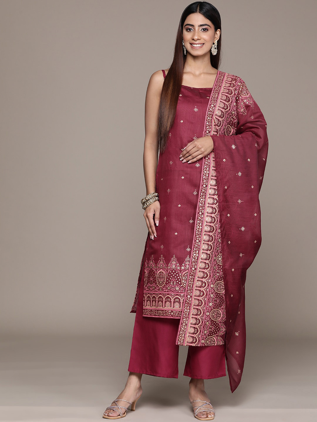 

KALINI Ethnic Motifs Embroidered Thread Work Straight Kurta With Palazzos & Dupatta, Maroon