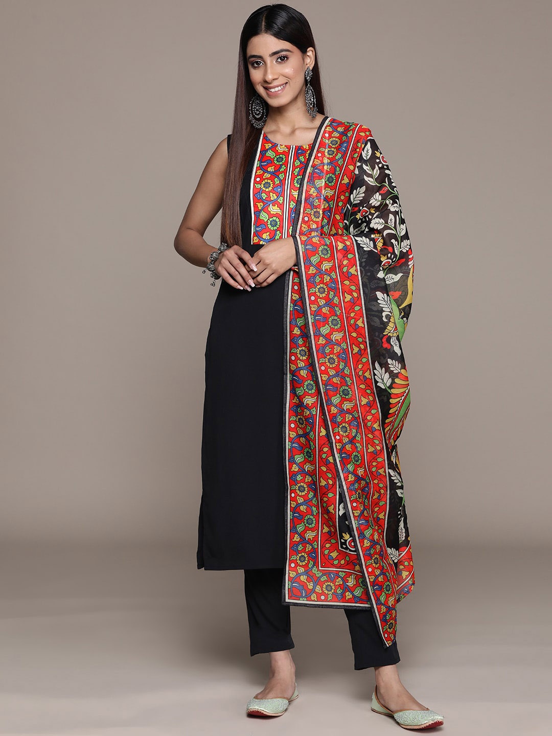 

KALINI Ethnic Motifs Printed Regular Kurta with Trousers & With Dupatta, Black