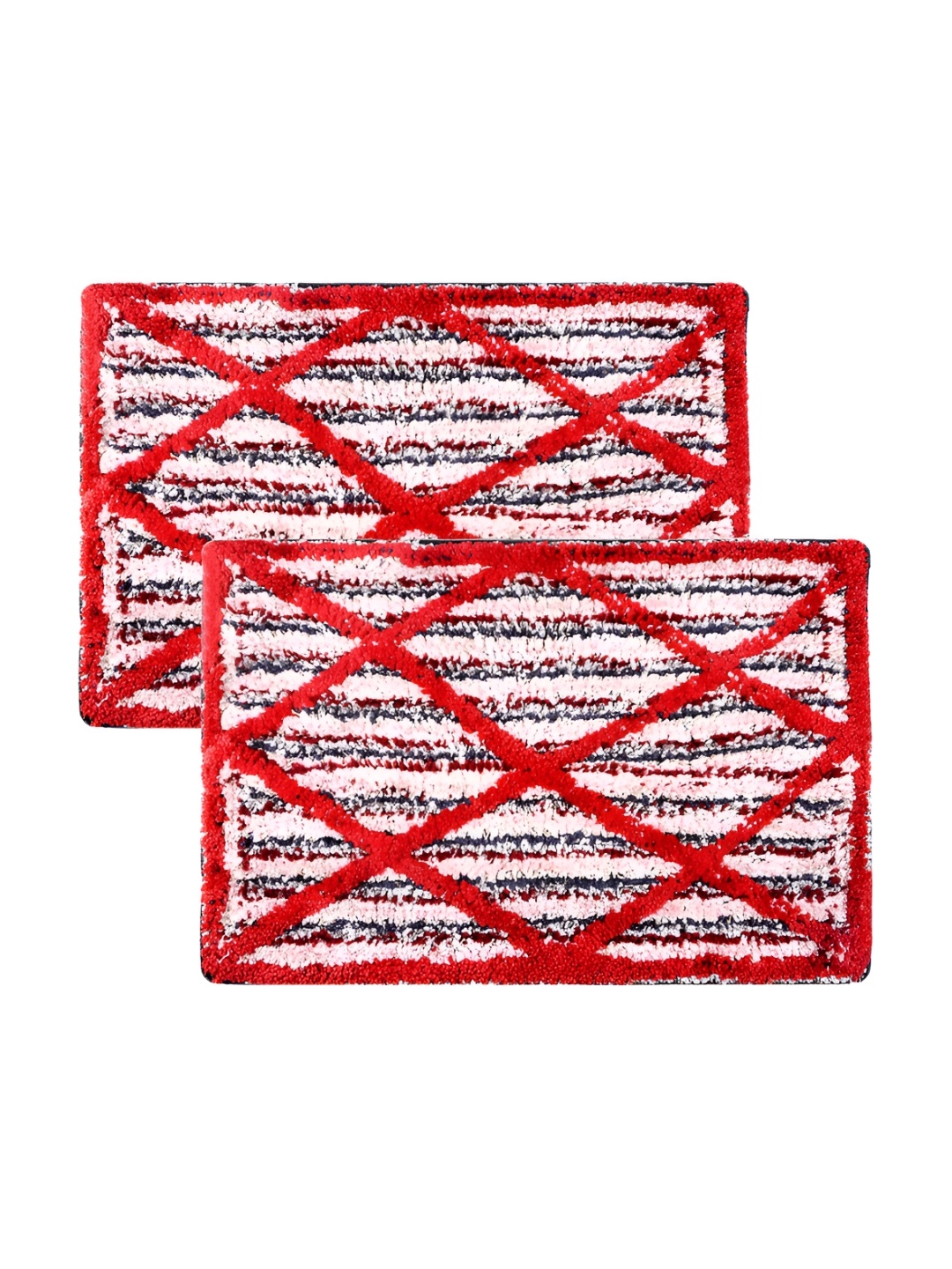 

Kuber Industries Red & White 2 Pieces Striped Microfiber Anti-Skid D-Shaped Doormats