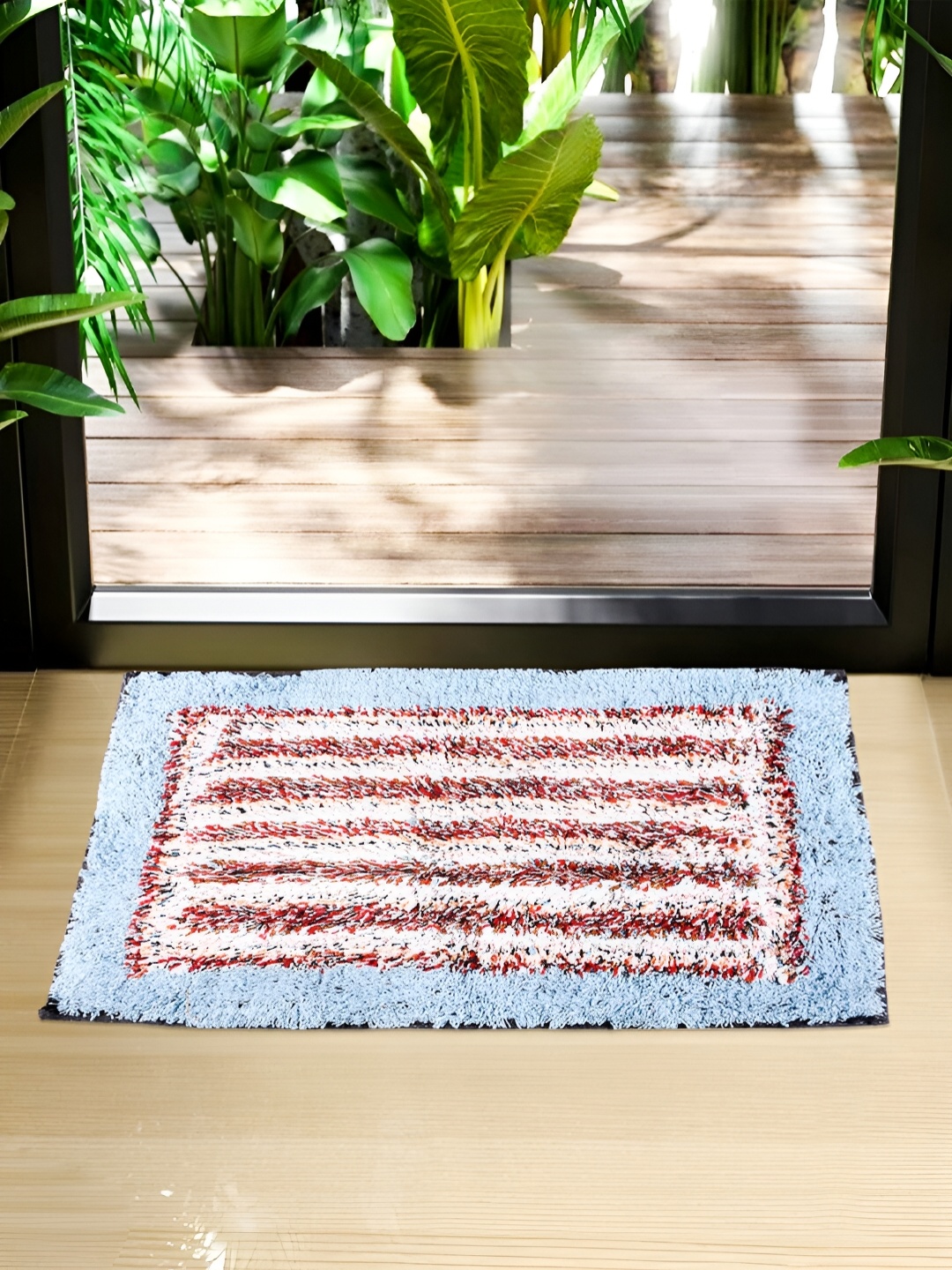 

Kuber Industries Blue & White 3 Pieces Striped Rectangle-Shaped Doormats