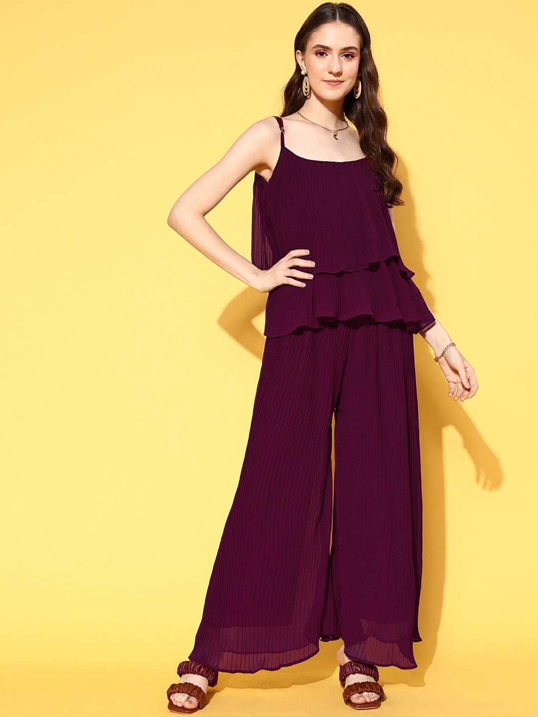 

KAVINDI Pleated Crushed Georgette Top With Palazzo Co-Ords, Burgundy