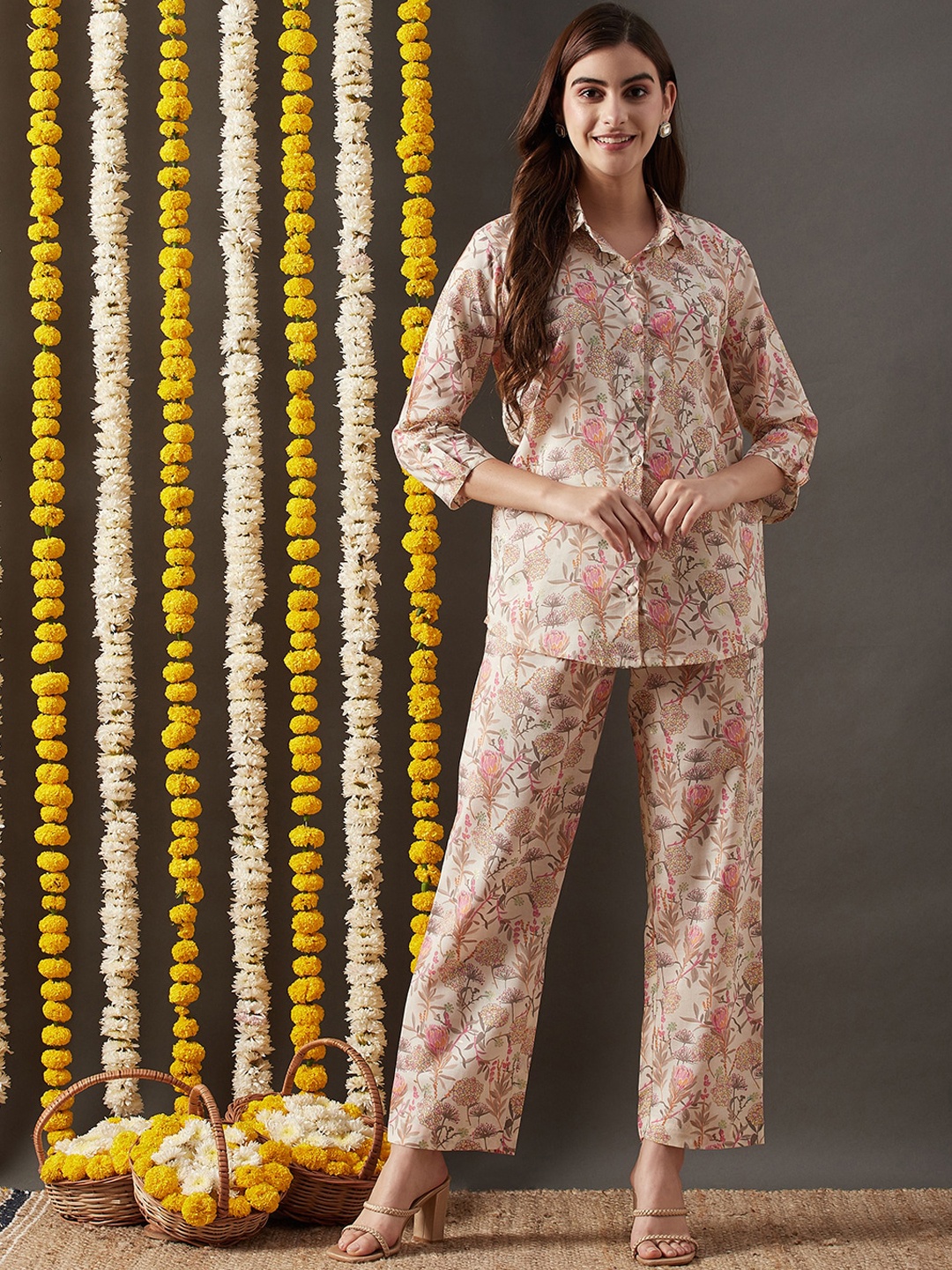 

KAVINDI Printed Shirt With Trousers Co-Ords, Cream