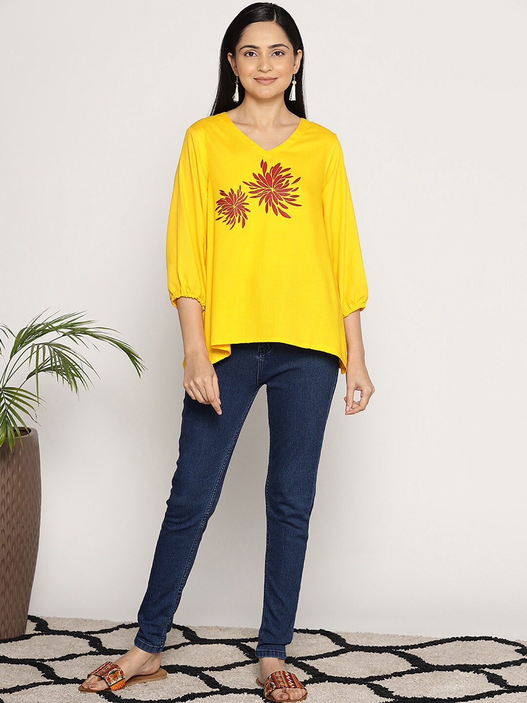 

LetsDressUp Floral Printed V-Neck Puff Sleeves High-Low Top, Yellow