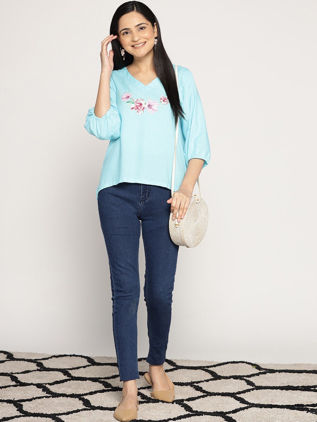 

LetsDressUp Floral Printed V-Neck Puff Sleeves High-Low Top, Blue