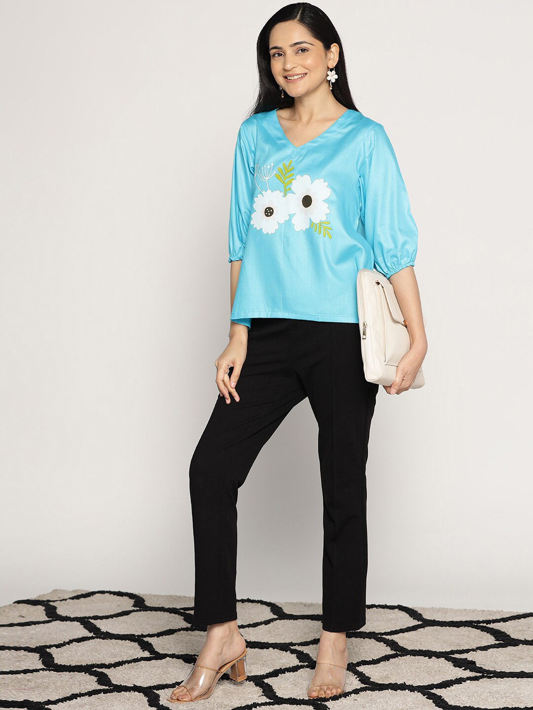 

LetsDressUp Floral Printed V-Neck Puff Sleeves High-Low Top, Turquoise blue