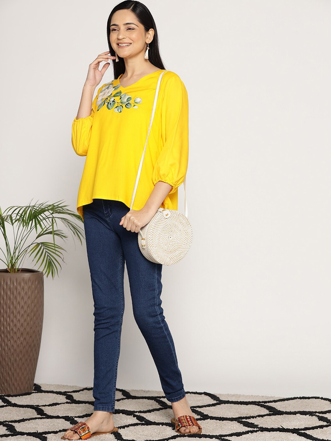 

LetsDressUp Floral Printed A-Line Top, Yellow