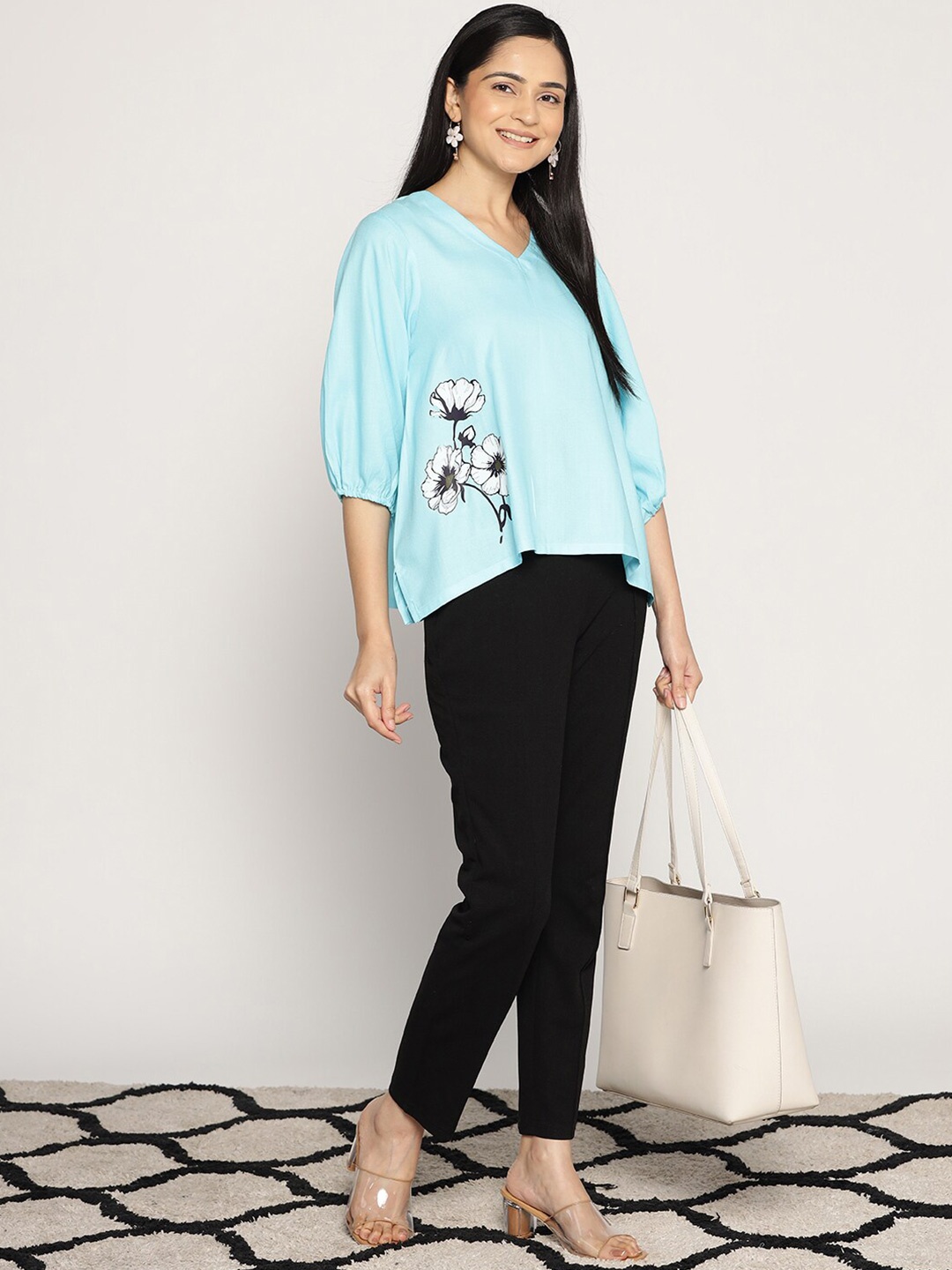 

LetsDressUp Floral Printed V-Neck Puff Sleeves High-Low Top, Blue