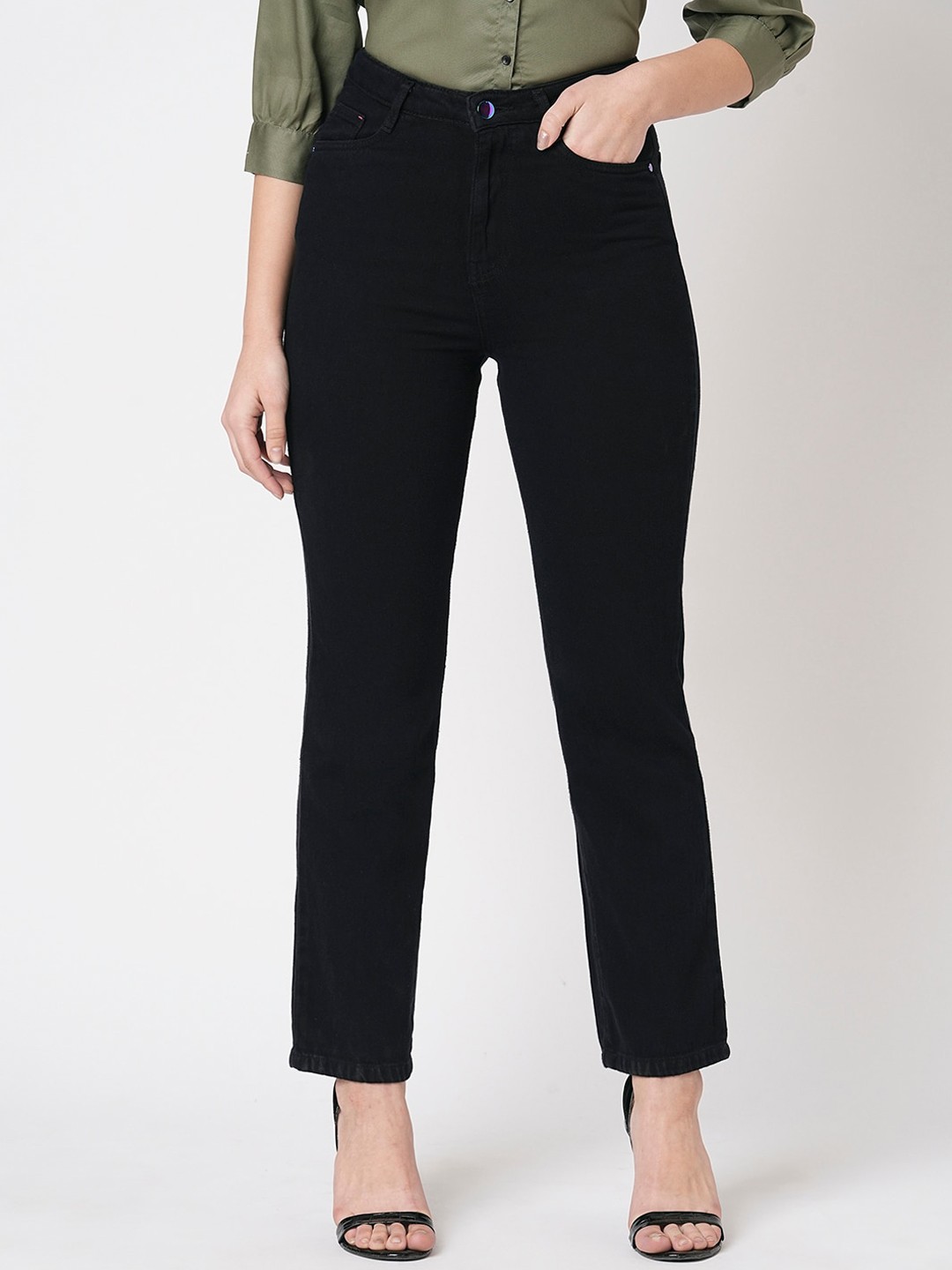 

Kraus Jeans Women Relaxed Fit High Rise Clean Look Pure Cotton Jeans, Black