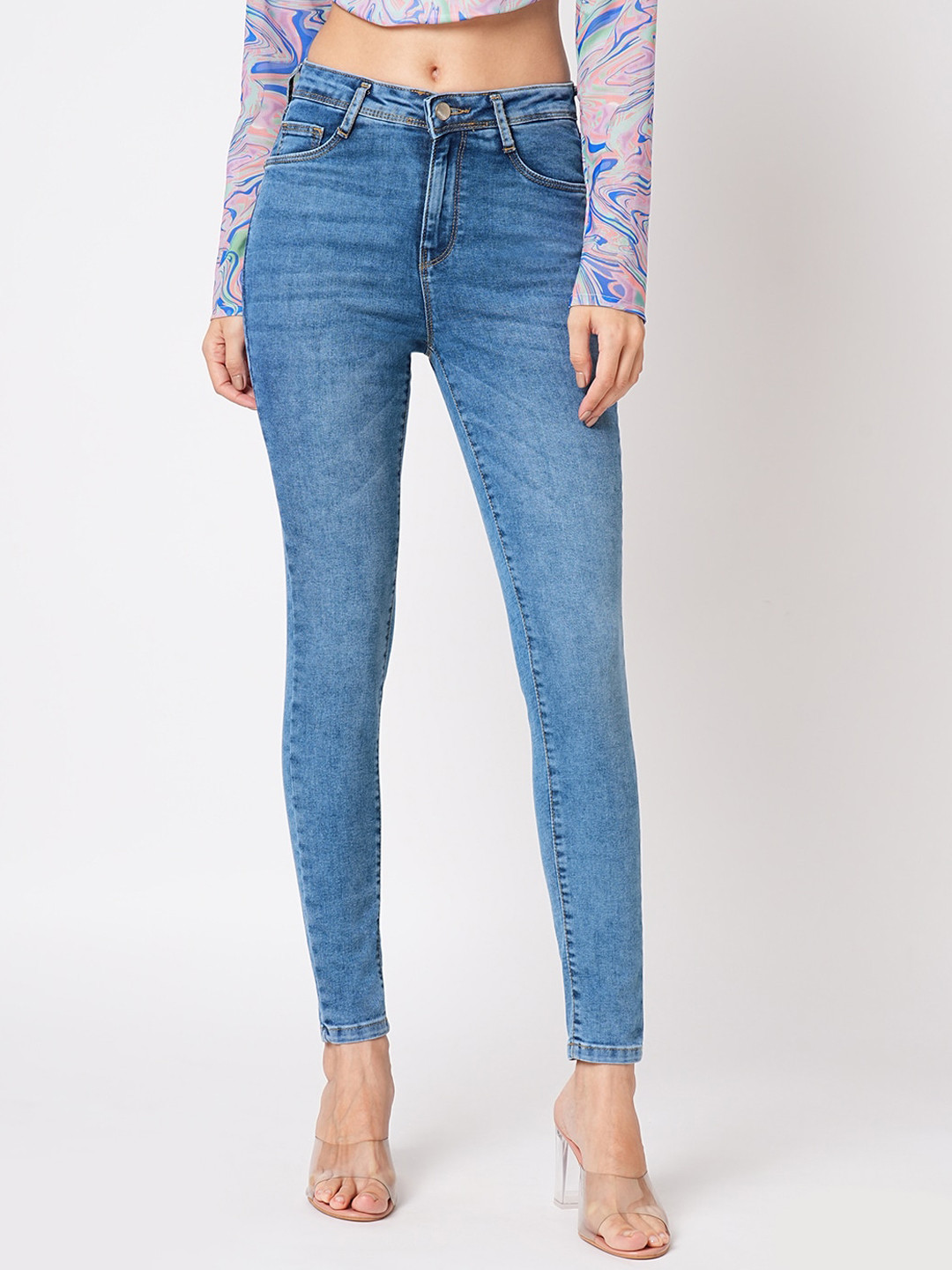 

Kraus Jeans Women Skinny Fit High Rise Light Fade Clean Look Jeans, Blue