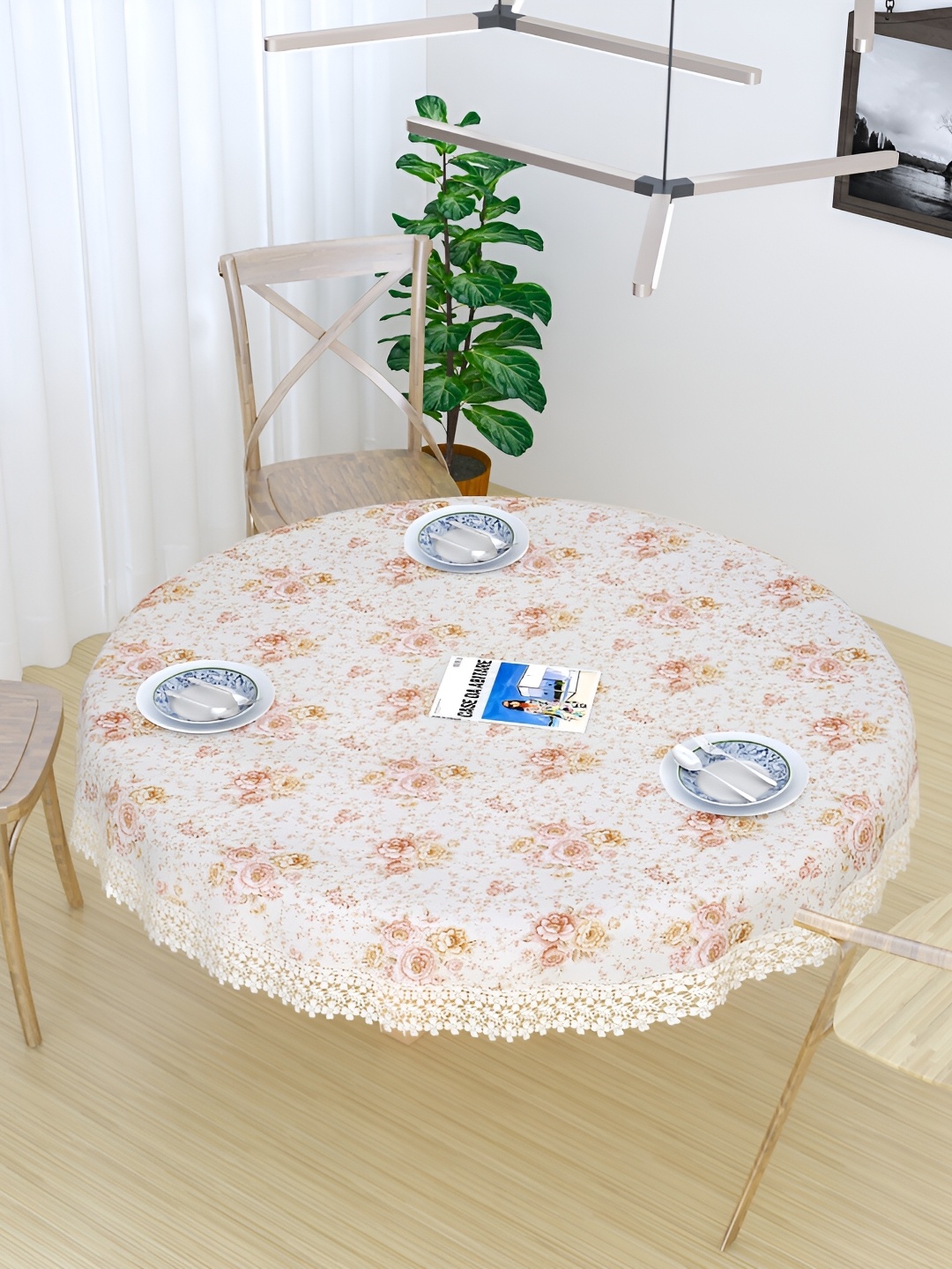 

TANLOOMS White & Peach Floral Cotton Round Textured 4-Seater Table Cover