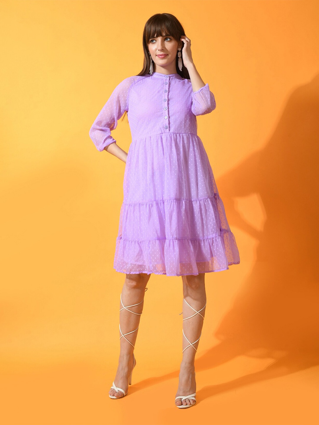 

BAESD Abstract Self Design Mandarin Collar Three-Quarter Sleeves Fit & Flare Tiered Dress, Lavender