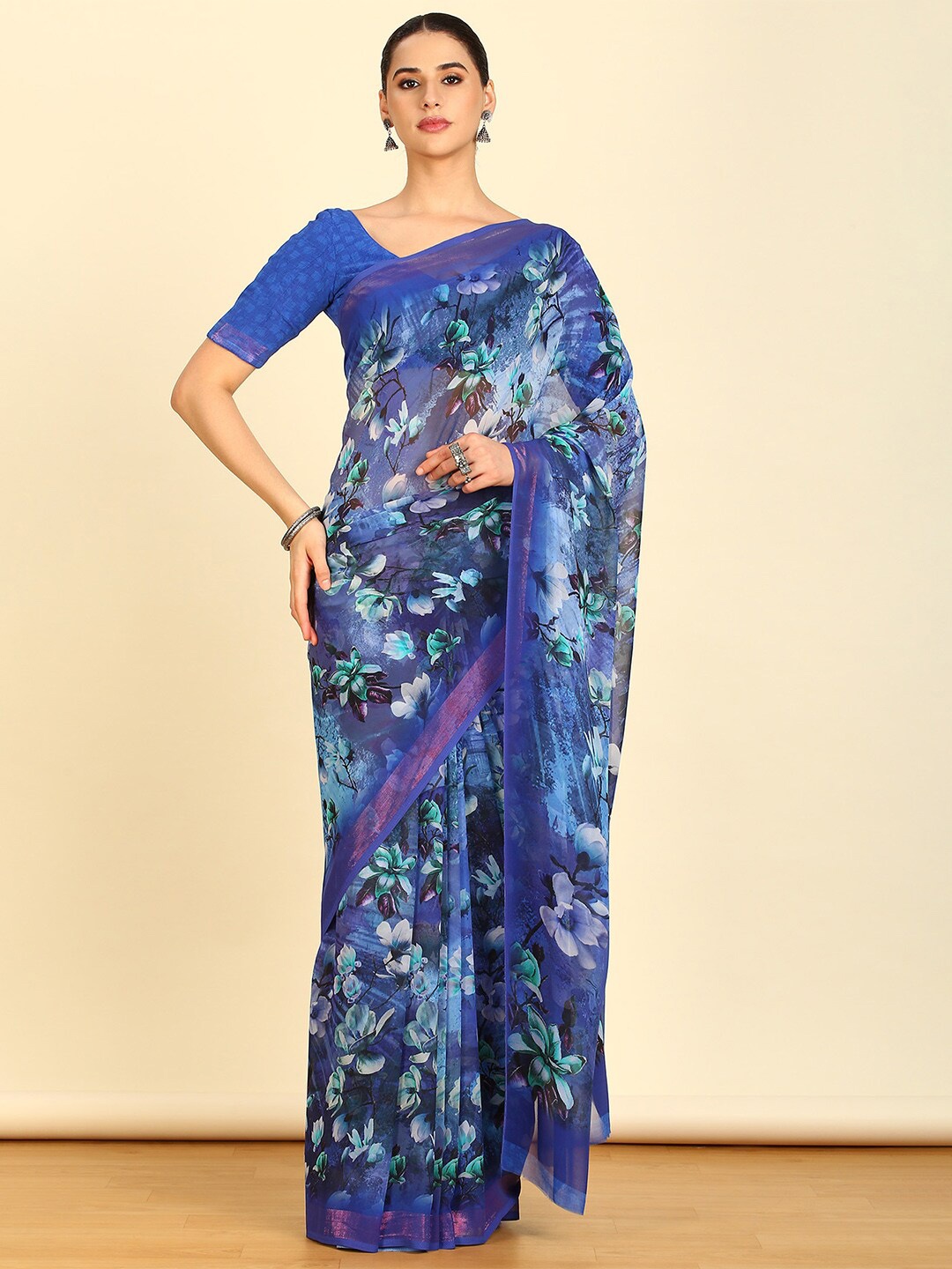 

Soch Blue Floral Printed Zari Pure Georgette Saree