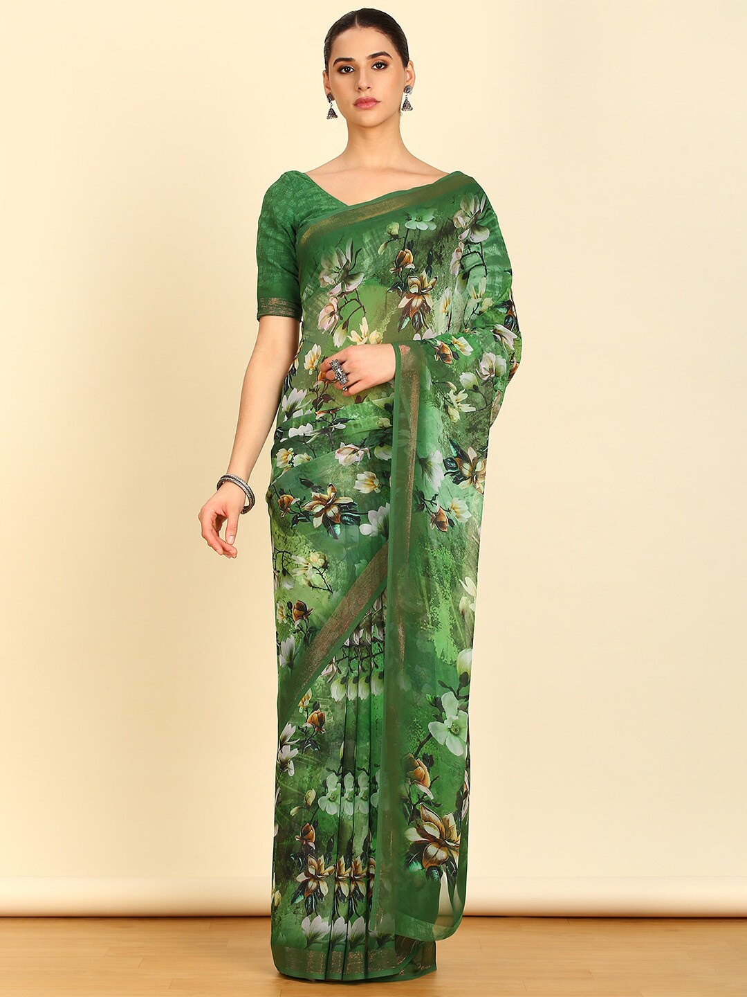 

Soch Floral Printed Zari Pure Georgette Saree, Green