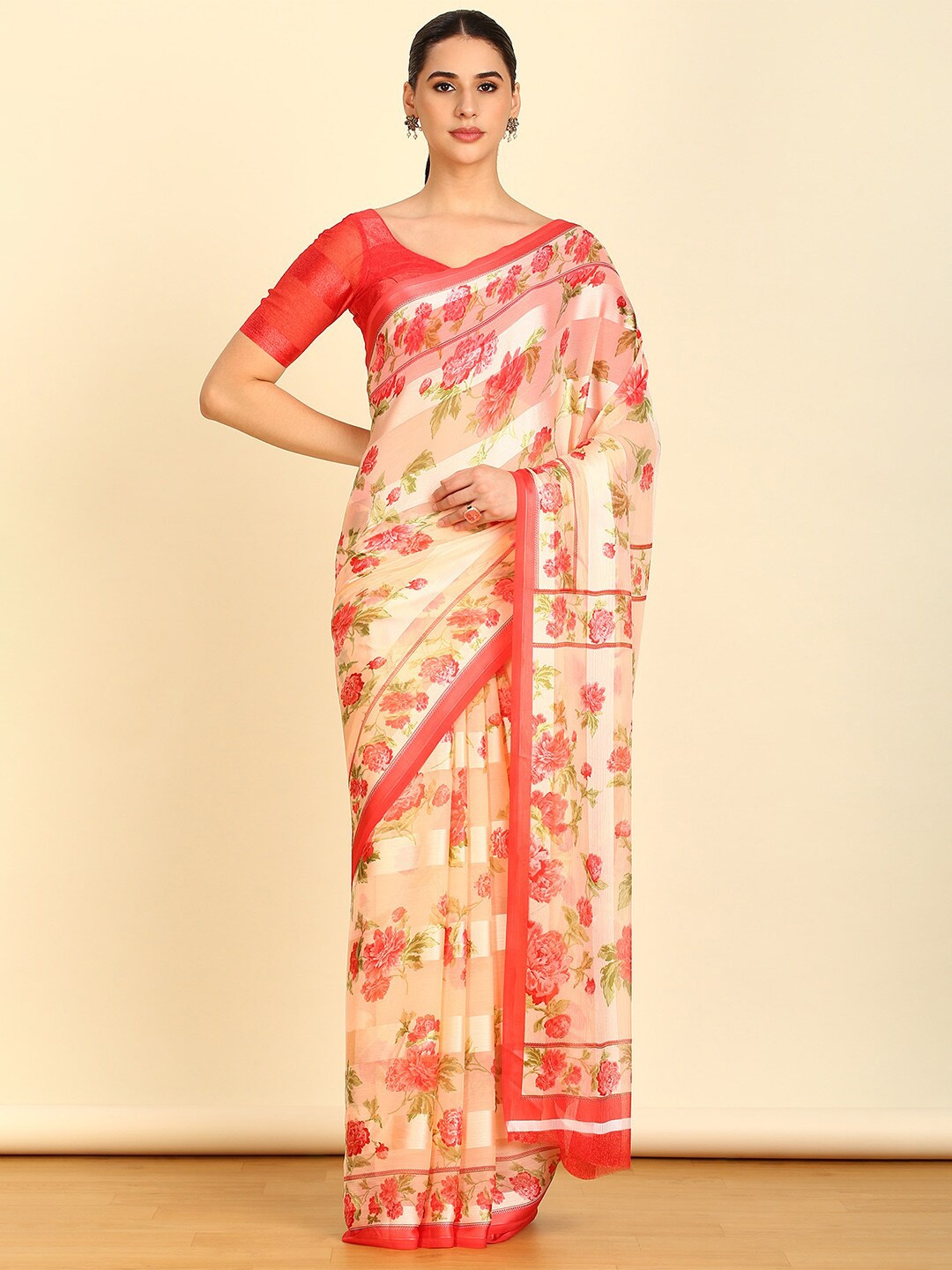 

Soch Floral Printed Pure Chiffon Saree, Peach