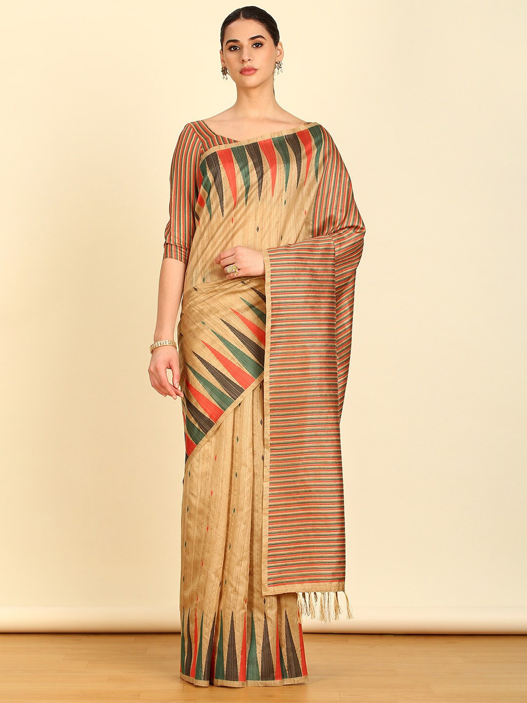 

Soch Striped Silk Fusion Tussar Saree, Red