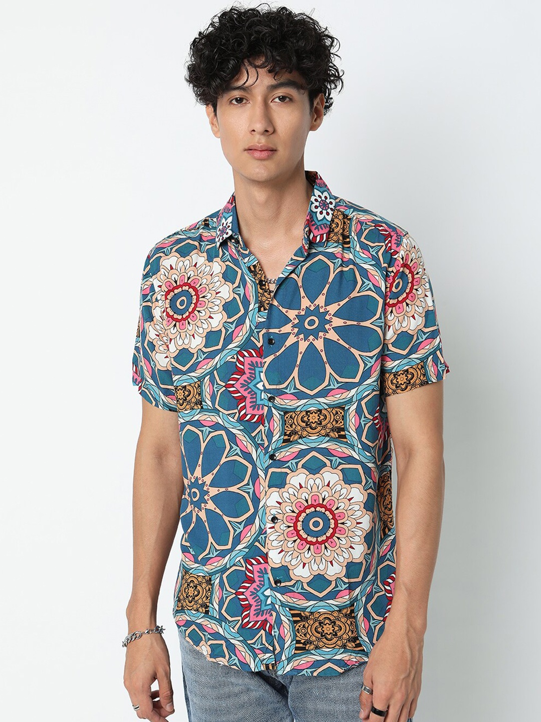 

7Shores Classic Ethnic Motifs Printed Short Sleeves Casual Shirt, Teal