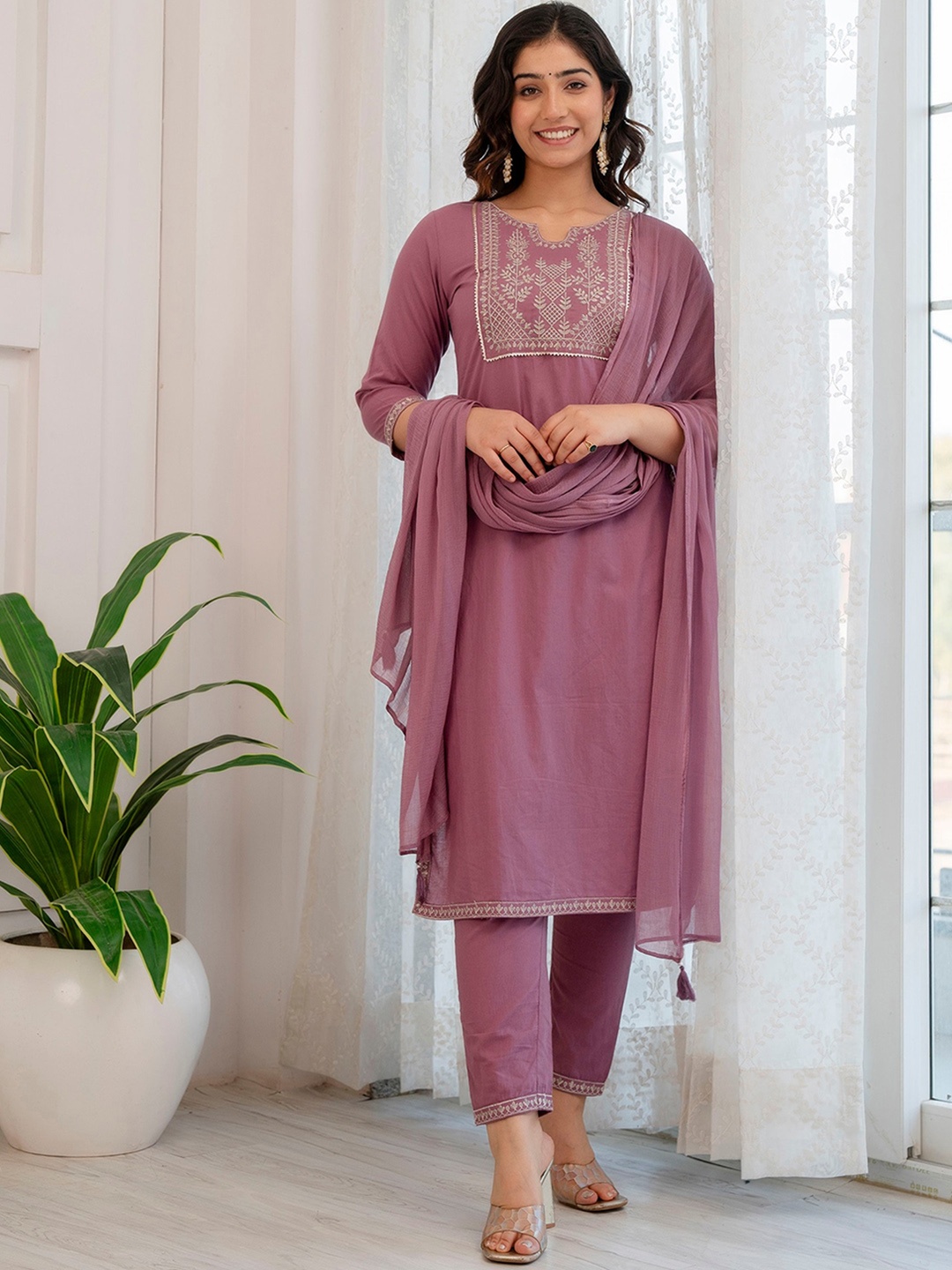 

Charu Floral Yoke Design Round Neck Pure Cotton Straight Kurta with Trousers & Dupatta, Purple