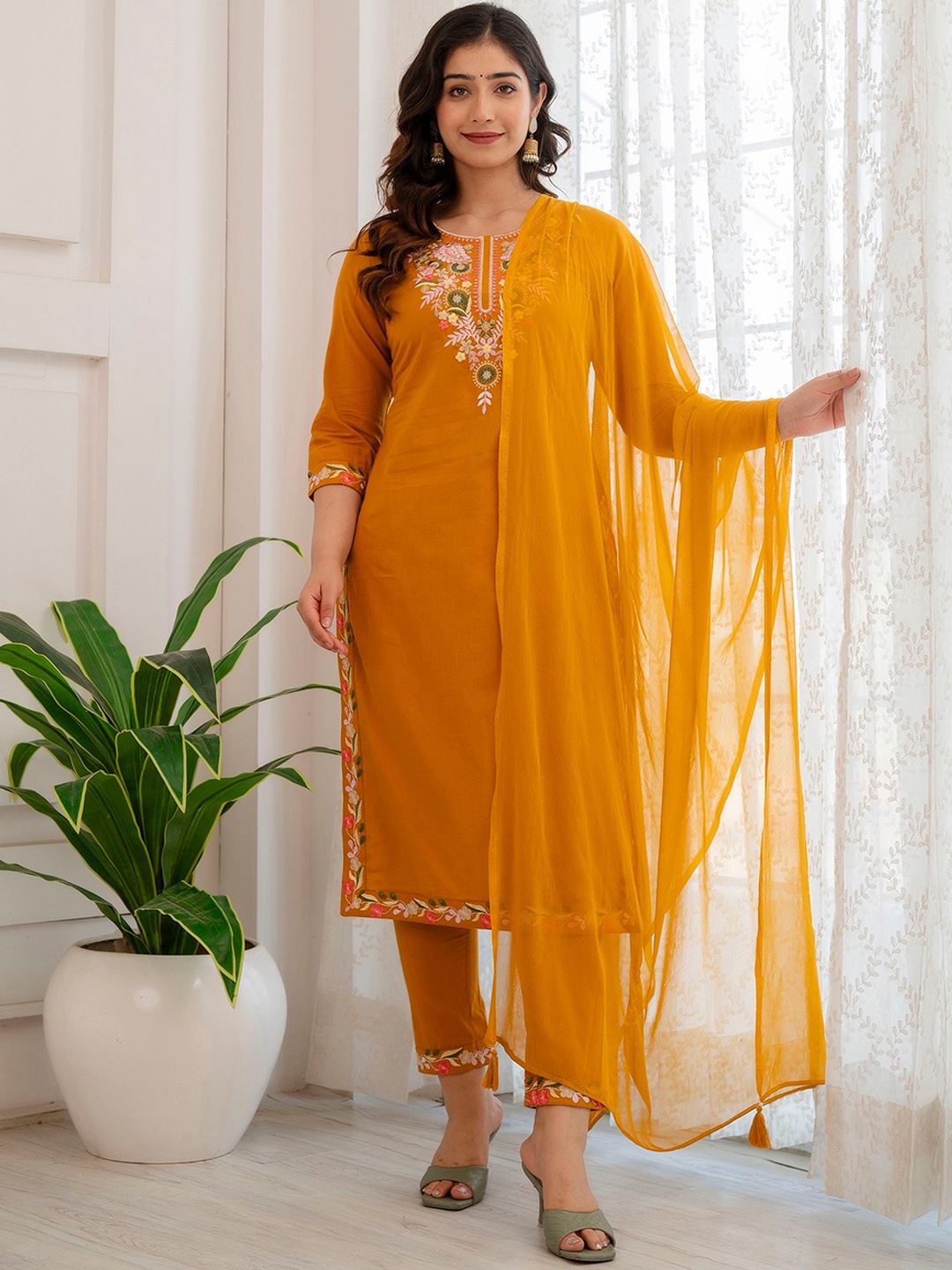 

Charu Floral Embroidered Round Neck Thread Work Pure Cotton Kurta with Trousers & Dupatta, Mustard