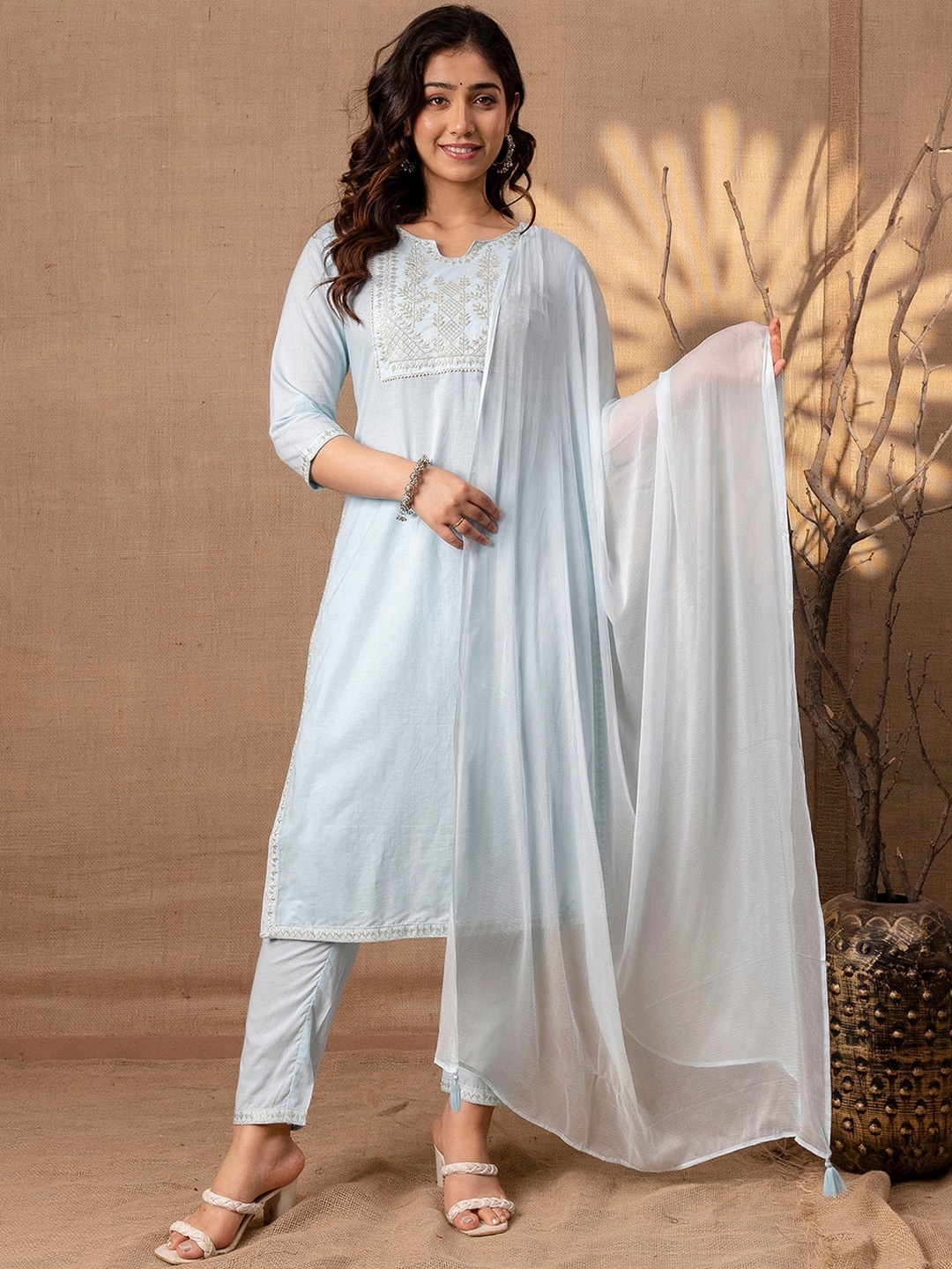 

Charu Ethnic Motifs Embroidered Regular Pure Cotton Kurta with Trousers & Dupatta, Blue