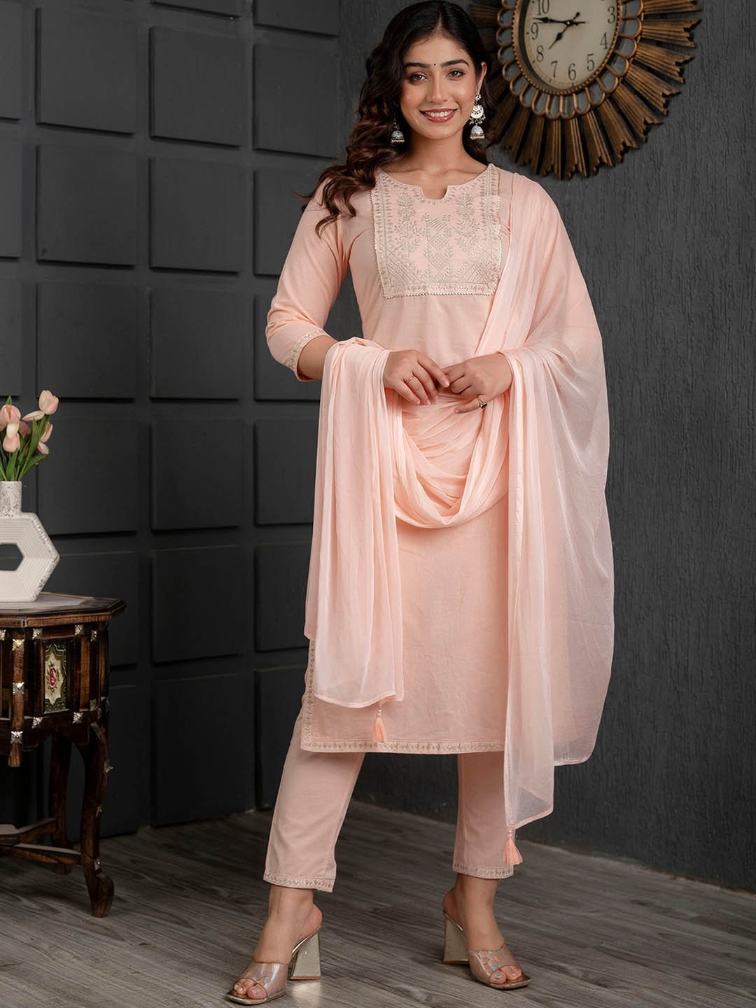 

Charu Ethnic Motifs Embroidered Round Neck Pure Cotton Kurta with Trousers & Dupatta, Peach