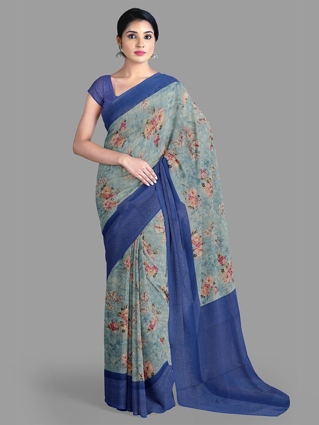 

The Chennai Silks Floral Printed Zari Kanjeevaram Saree, Green