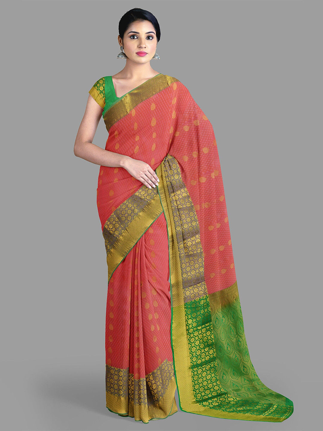 

The Chennai Silks Ethnic Motifs Woven Design Zari Pure Silk Kanjeevaram Saree, Rust