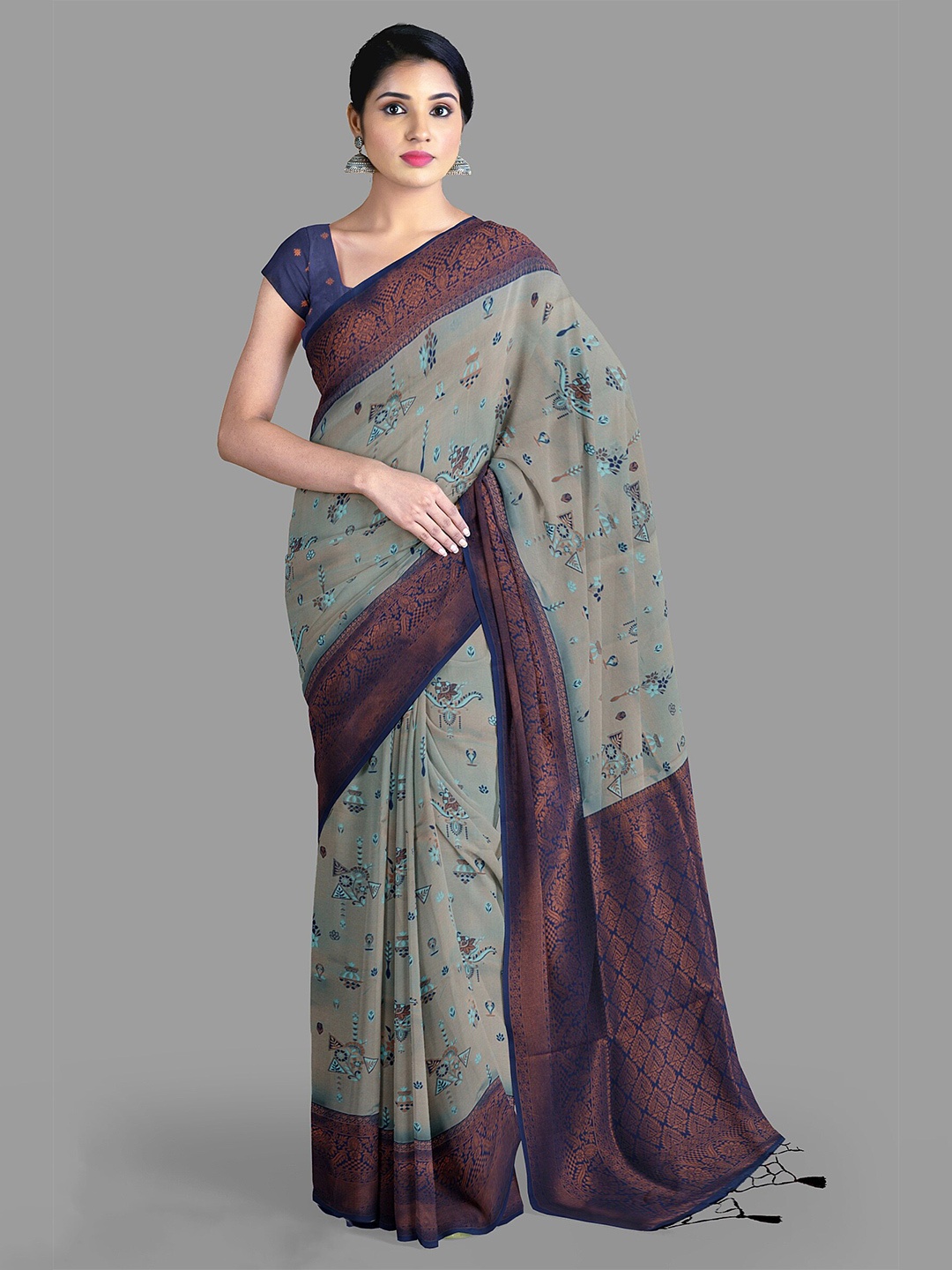 

The Chennai Silks Ethnic Motifs Woven Design Zari Kanjeevaram Saree, Grey