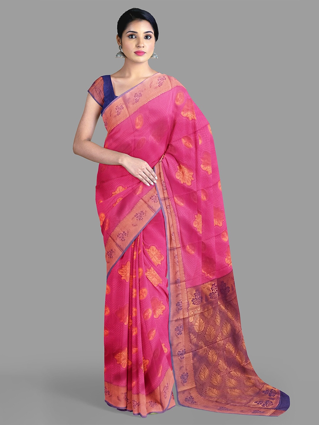 

The Chennai Silks Floral Woven Design Zari Kanjeevaram Saree, Pink