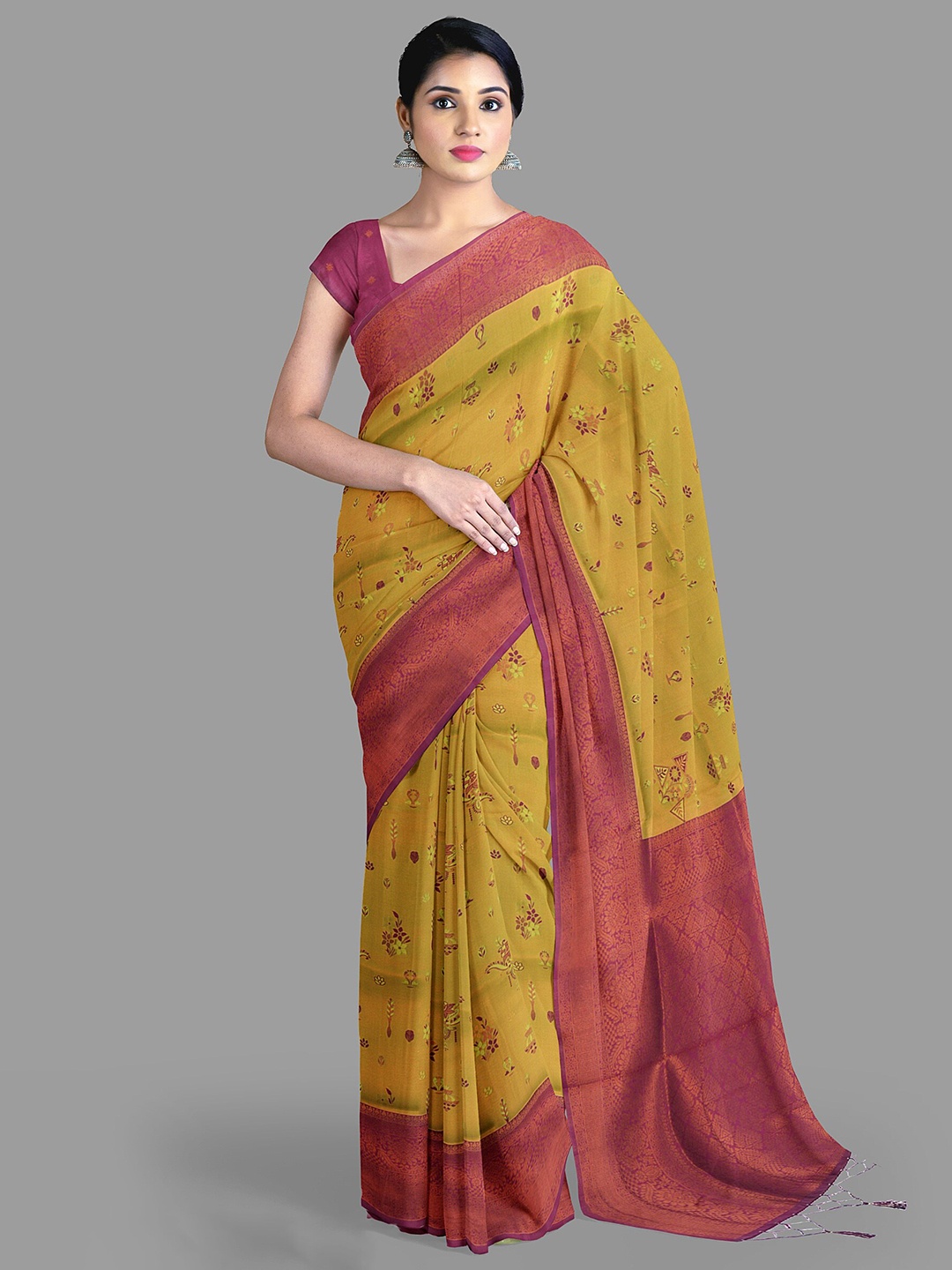 

The Chennai Silks Floral Printed Zari Kanjeevaram Saree, Gold