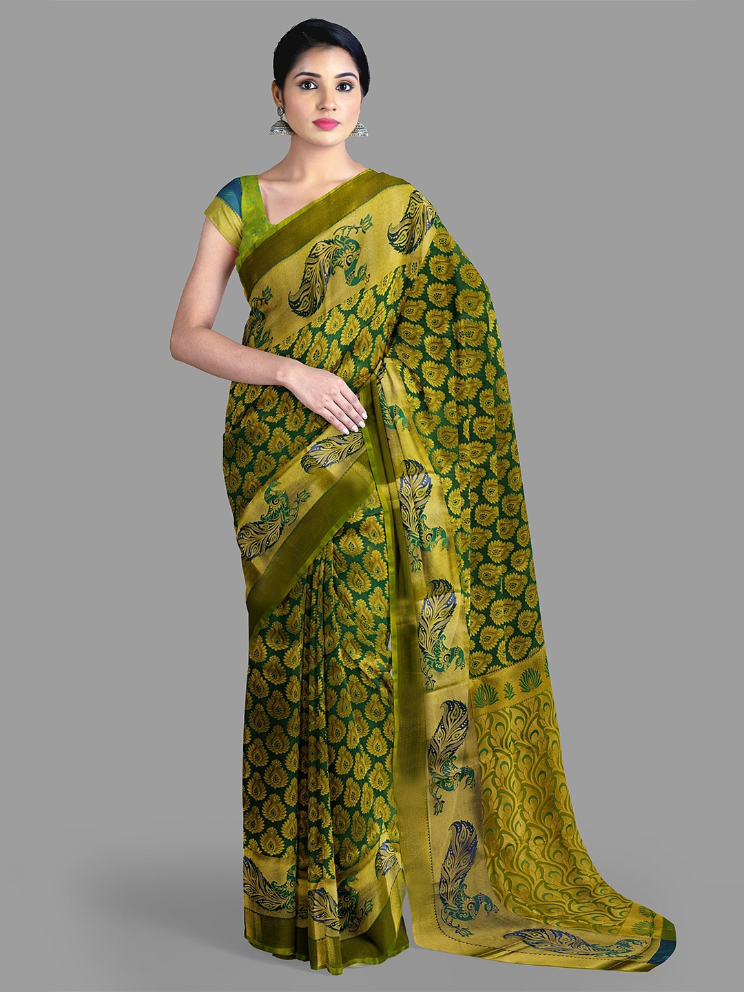 

The Chennai Silks Ethnic Motifs Woven Design Zari Pure Silk Kanjeevaram Saree, Green