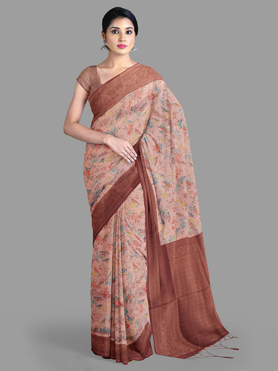 

The Chennai Silks Floral Printed Zari Kanjeevaram Saree, Pink