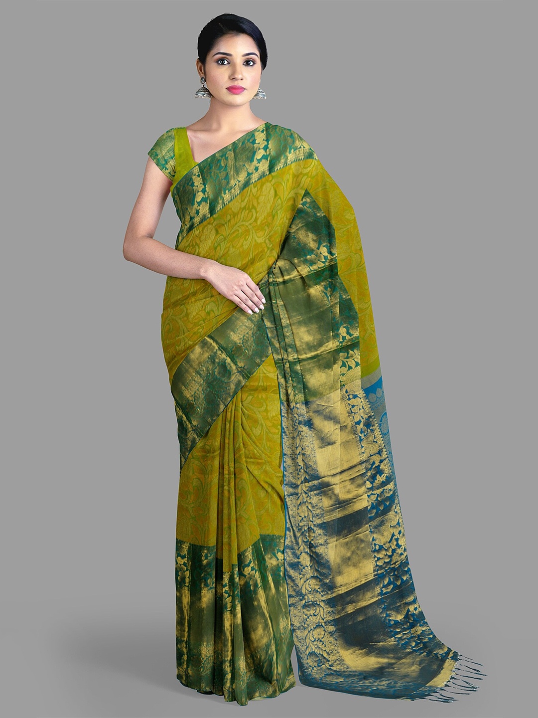 

The Chennai Silks Floral Printed Zari Pure Silk Kanjeevaram Saree, Yellow