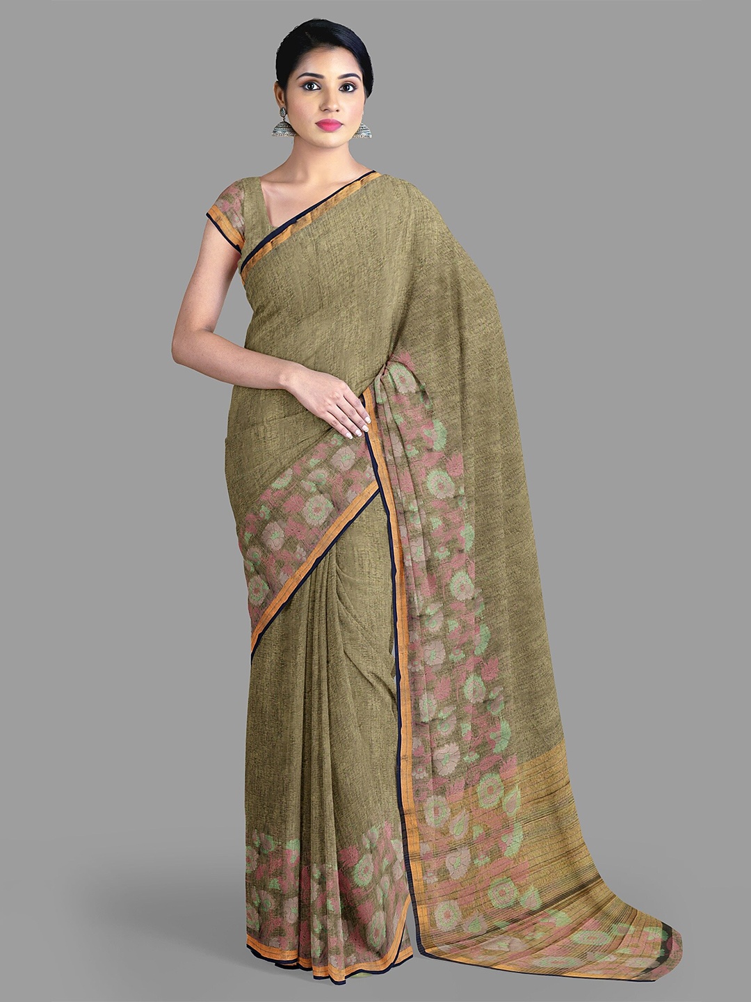 

The Chennai Silks Zari Jute Cotton Saree, Green