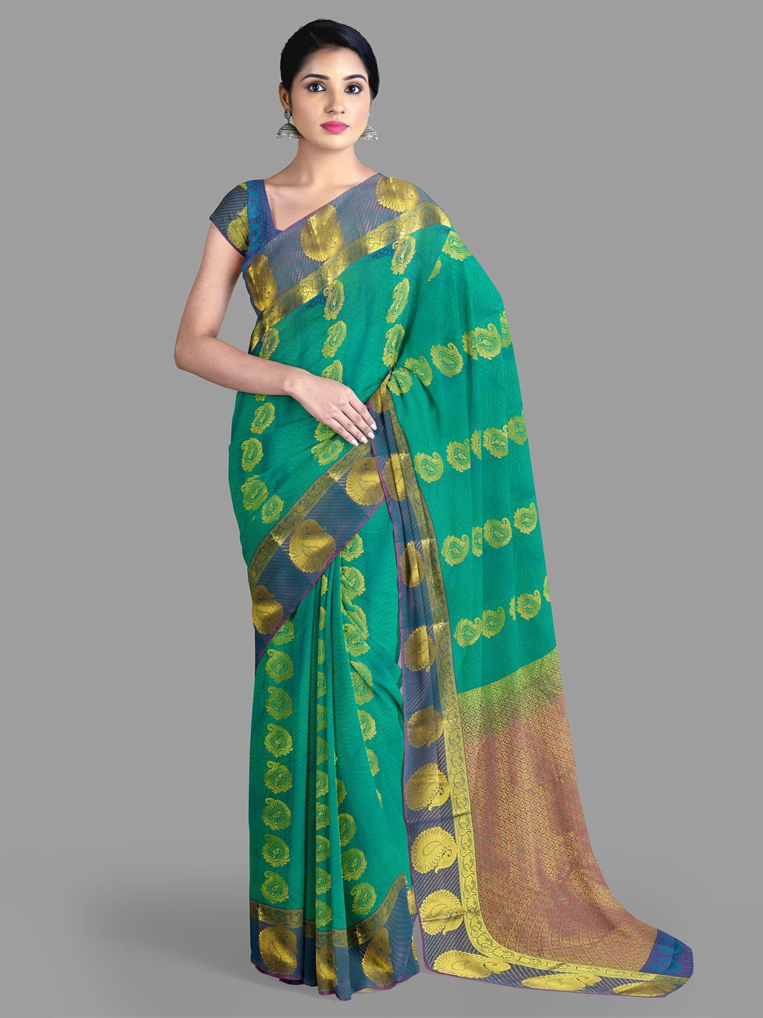 

The Chennai Silks Ethnic Motifs Woven Design Zari Kanjeevaram Saree, Green