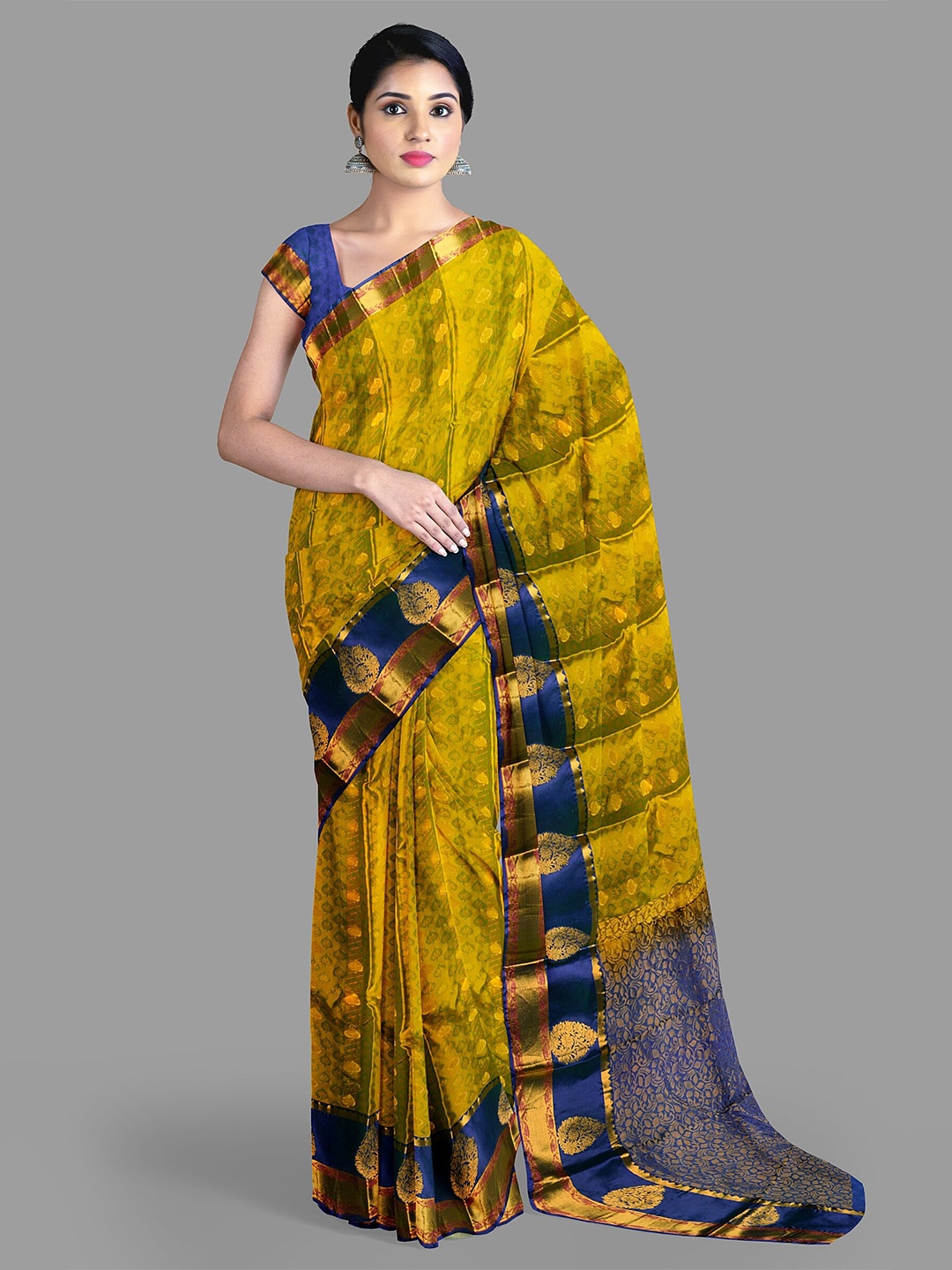 

The Chennai Silks Ethnic Motifs Woven Design Zari Pure Silk Kanjeevaram Saree, Olive