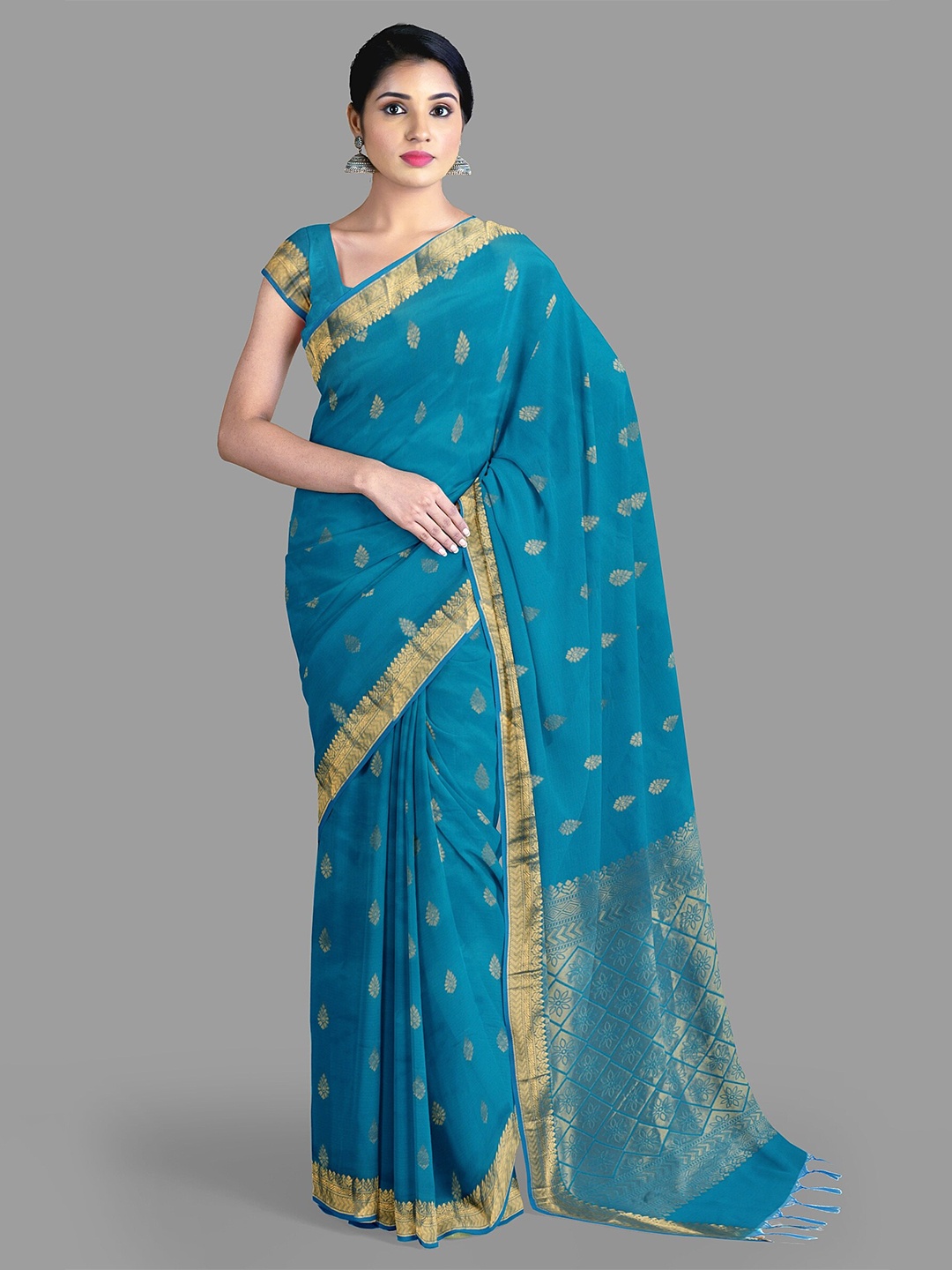 

The Chennai Silks Ethnic Motifs Woven Design Zari Pure Silk Kanjeevaram Saree, Blue