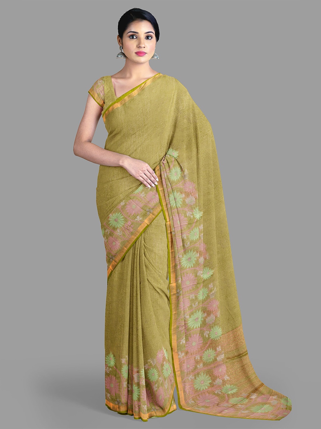 

The Chennai Silks Ethnic Motifs Zari Jute Cotton Saree, Green