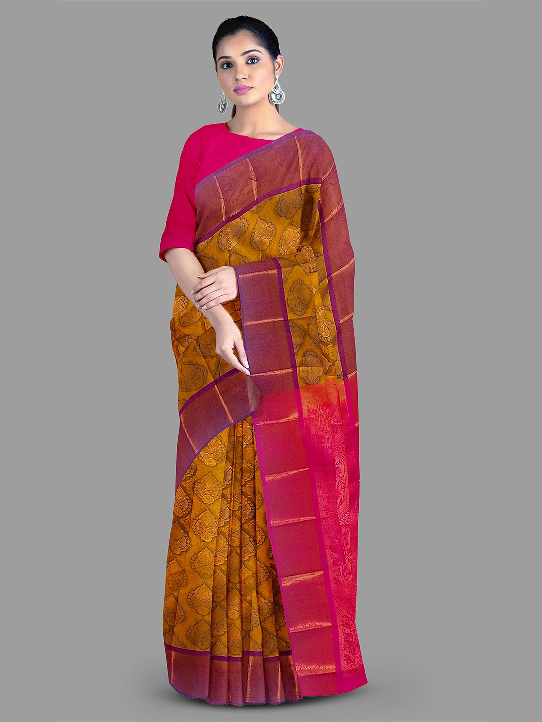 

The Chennai Silks Ethnic Motifs Woven Design Zari Pure Silk Kanjeevaram Saree, Olive