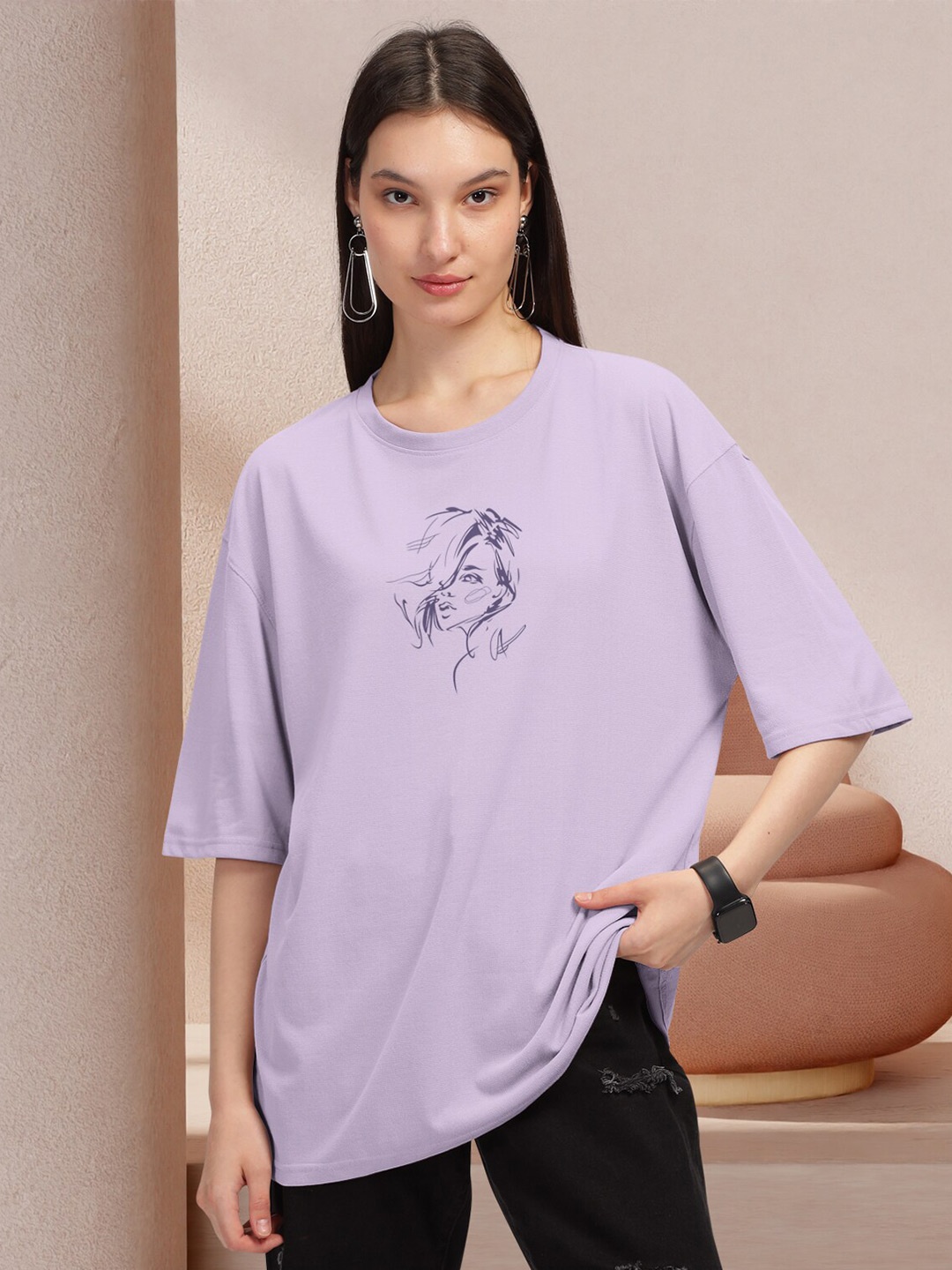 

HELLCAT Typography Printed Round Neck Oversized T-shirt, Lavender