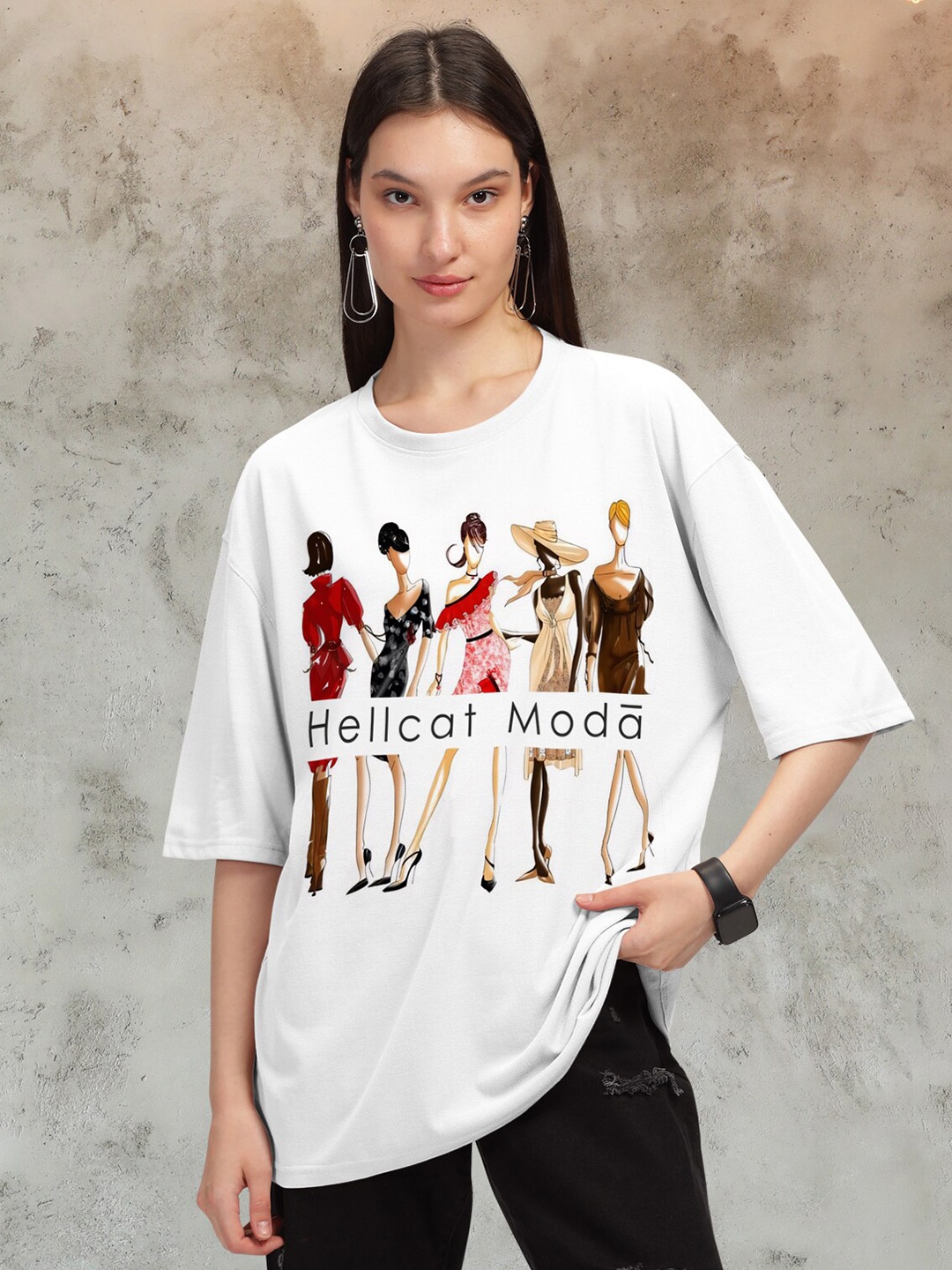 

HELLCAT Typography Printed Round Neck Oversized T-shirt, White