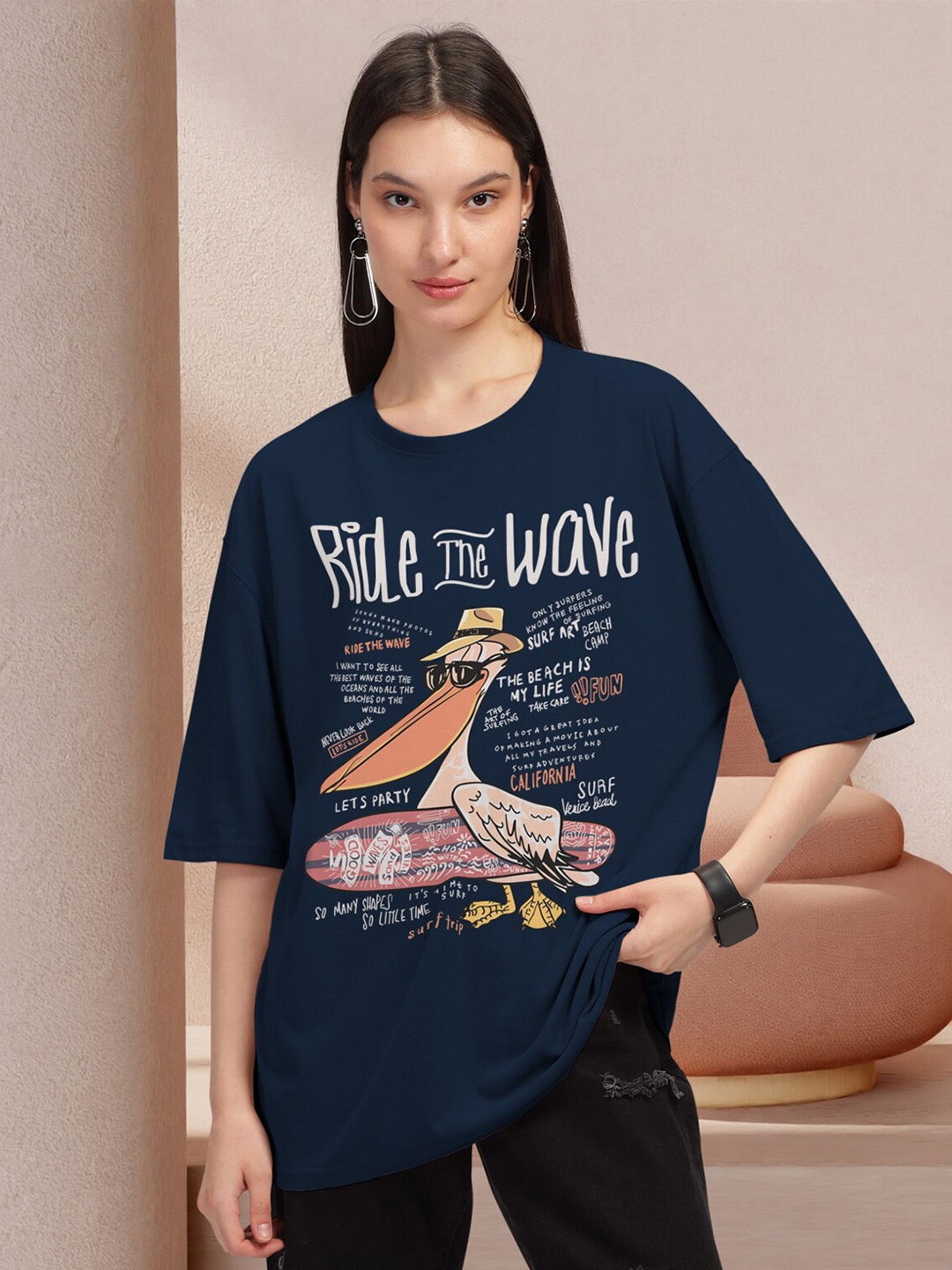 

HELLCAT Typography Printed Round Neck Oversized T-shirt, Navy blue