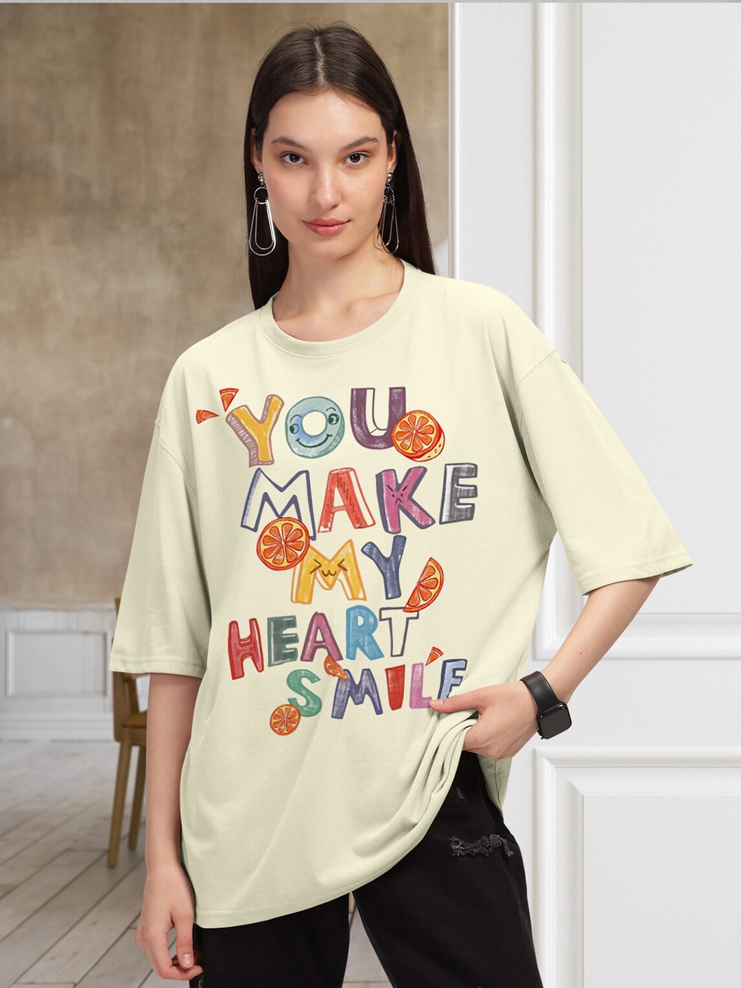 

HELLCAT Typography Printed Round Neck Oversized T-shirt, Yellow