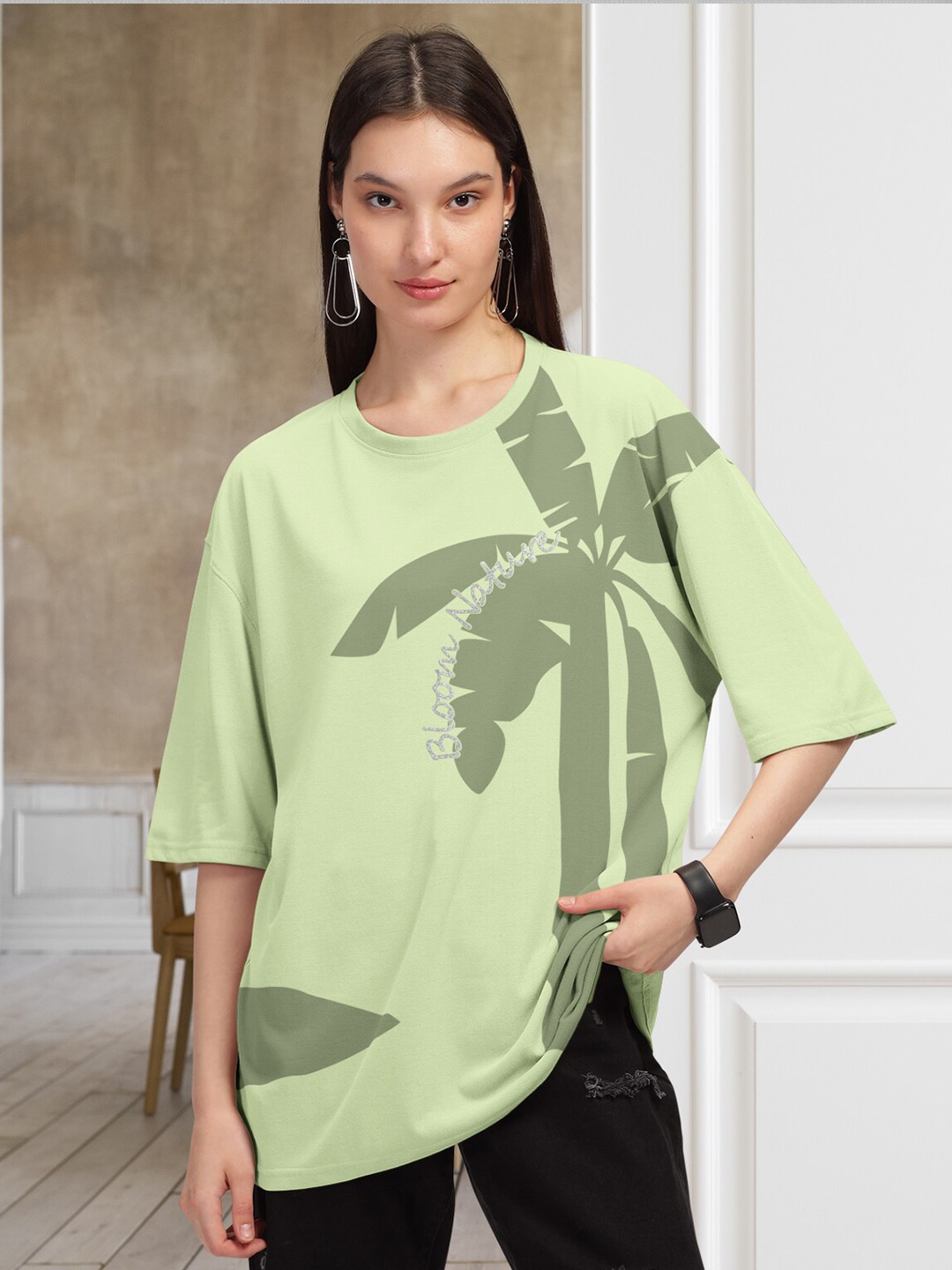 

HELLCAT Typography Printed Round Neck Oversized T-shirt, Green