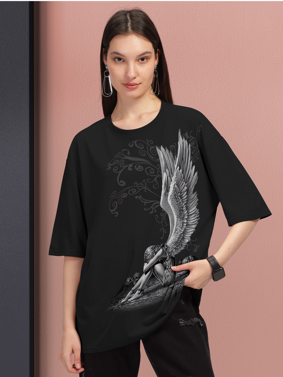 

HELLCAT Graphic Printed Round Neck Oversized T-shirt, Black